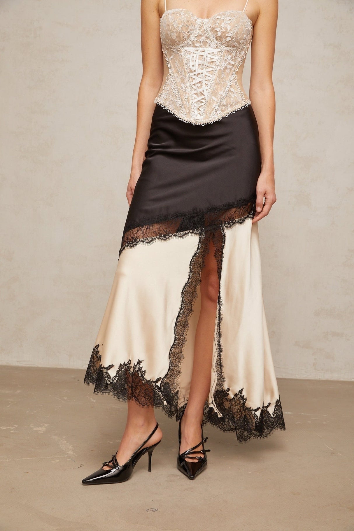 Ornella Panelled Lace Skirt with Asymmetric Front Slit