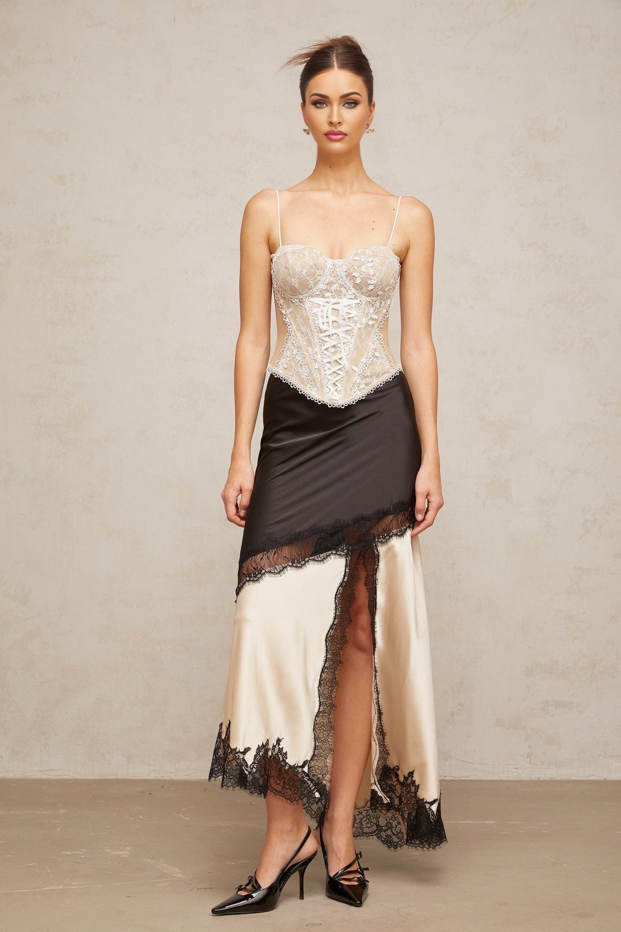 Ornella Panelled Lace Skirt with Asymmetric Front Slit