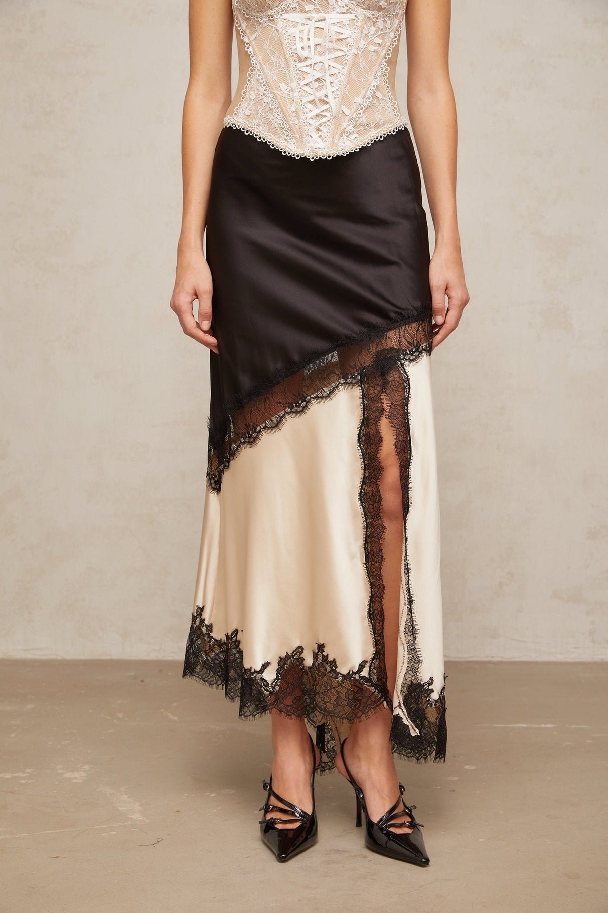Ornella Panelled Lace Skirt with Asymmetric Front Slit