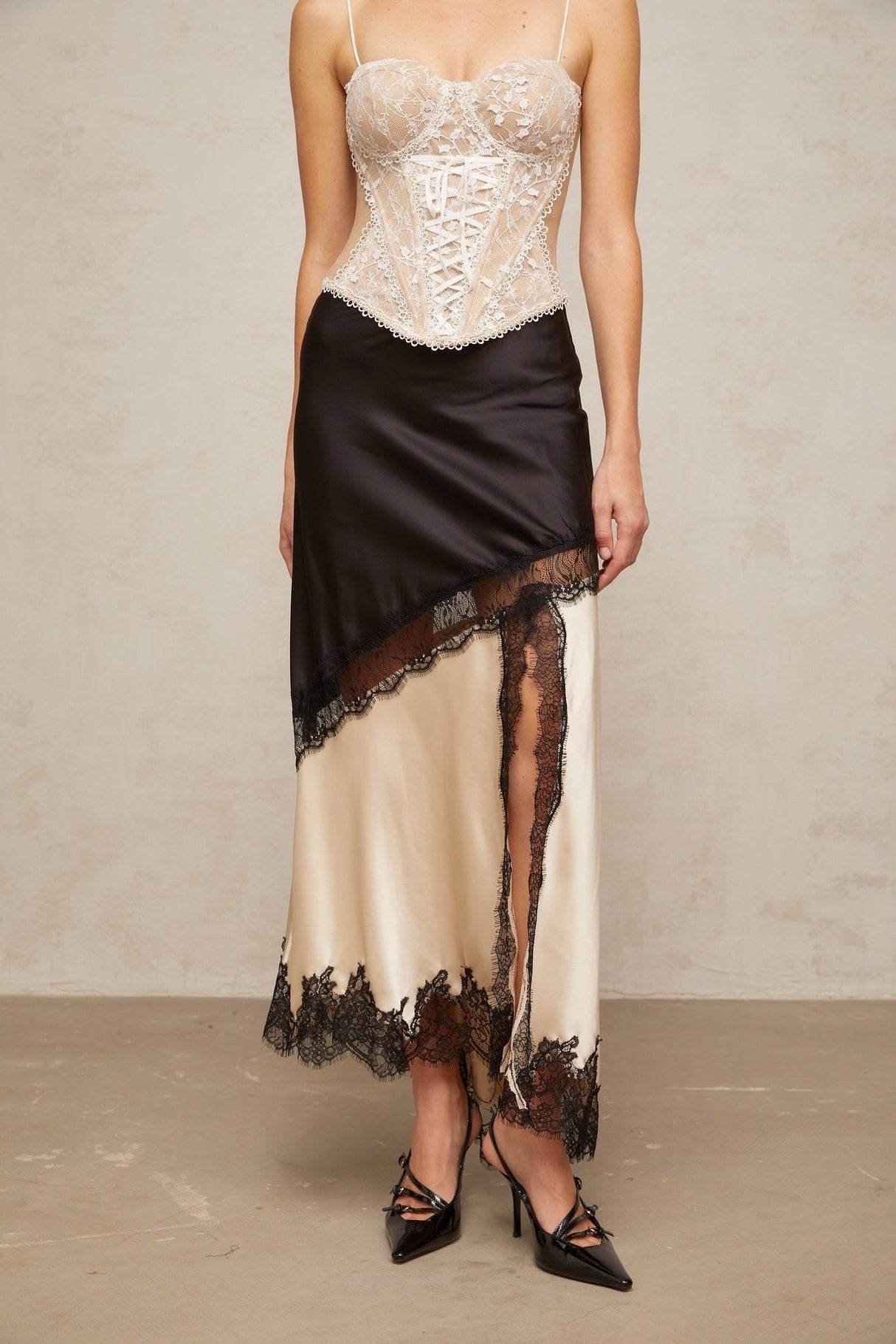 Ornella Panelled Lace Skirt with Asymmetric Front Slit
