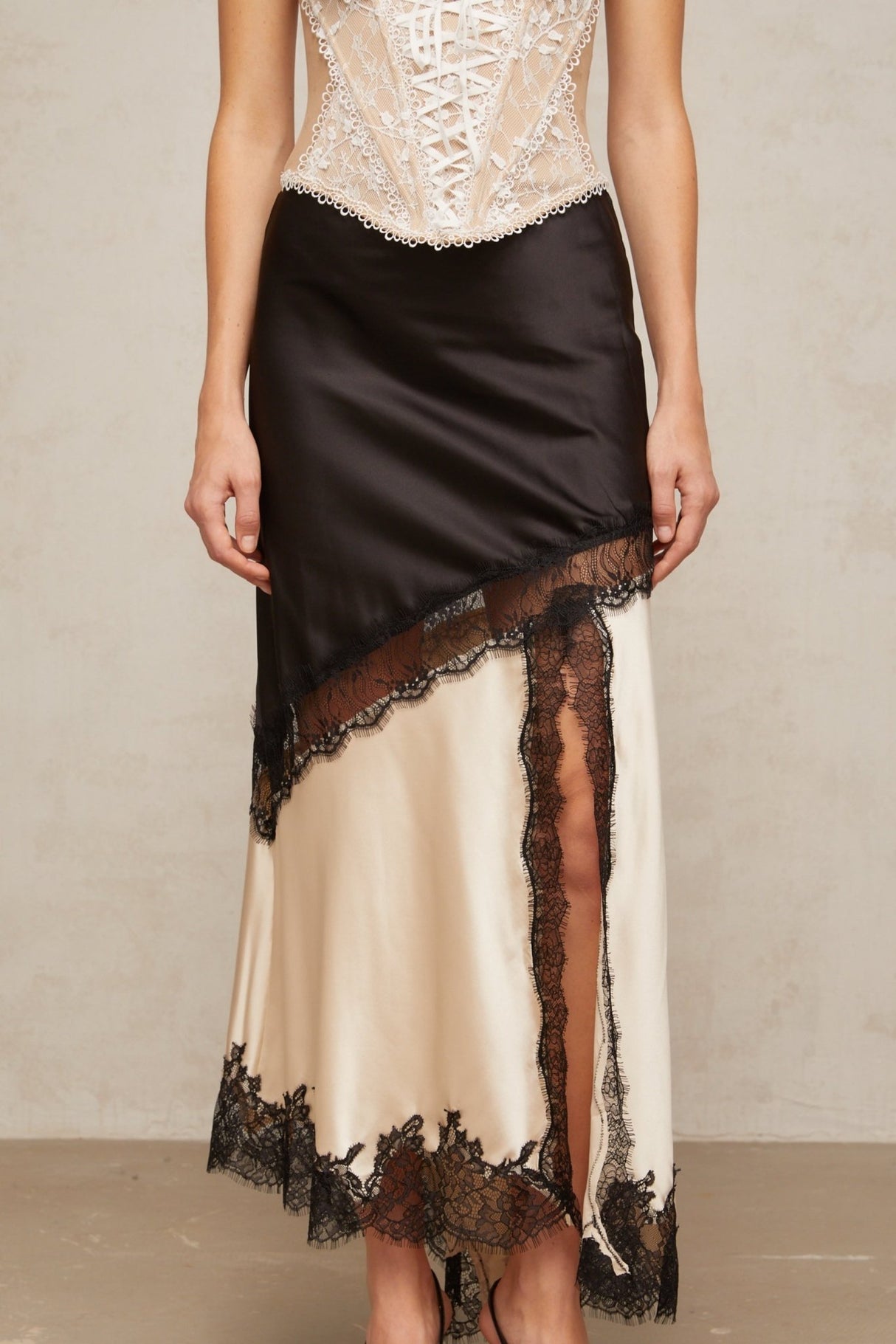 Ornella Panelled Lace Skirt with Asymmetric Front Slit