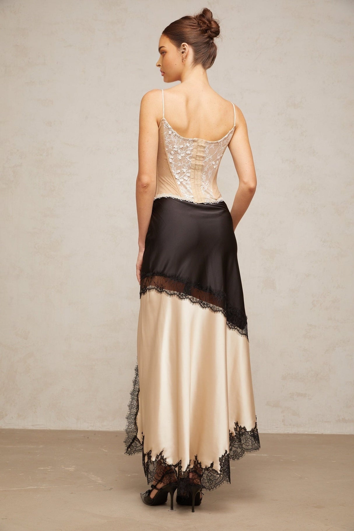 Ornella Panelled Lace Skirt with Asymmetric Front Slit