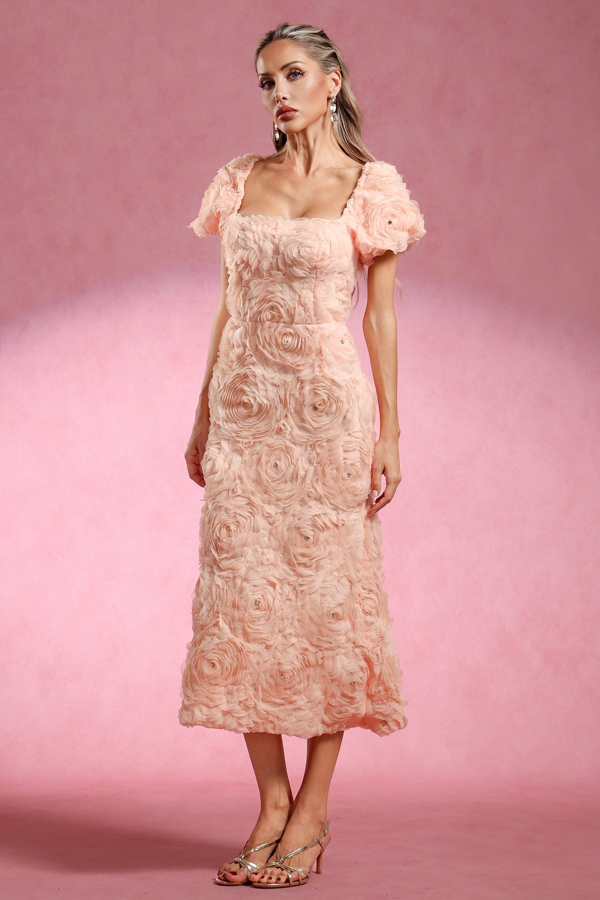 Ornella Peach Floral Roses Dress Squared Neckline Puff Sleeves Elegant Feminine Garden Party Evening Events Comfortable Silhouette Intricate Design Details
