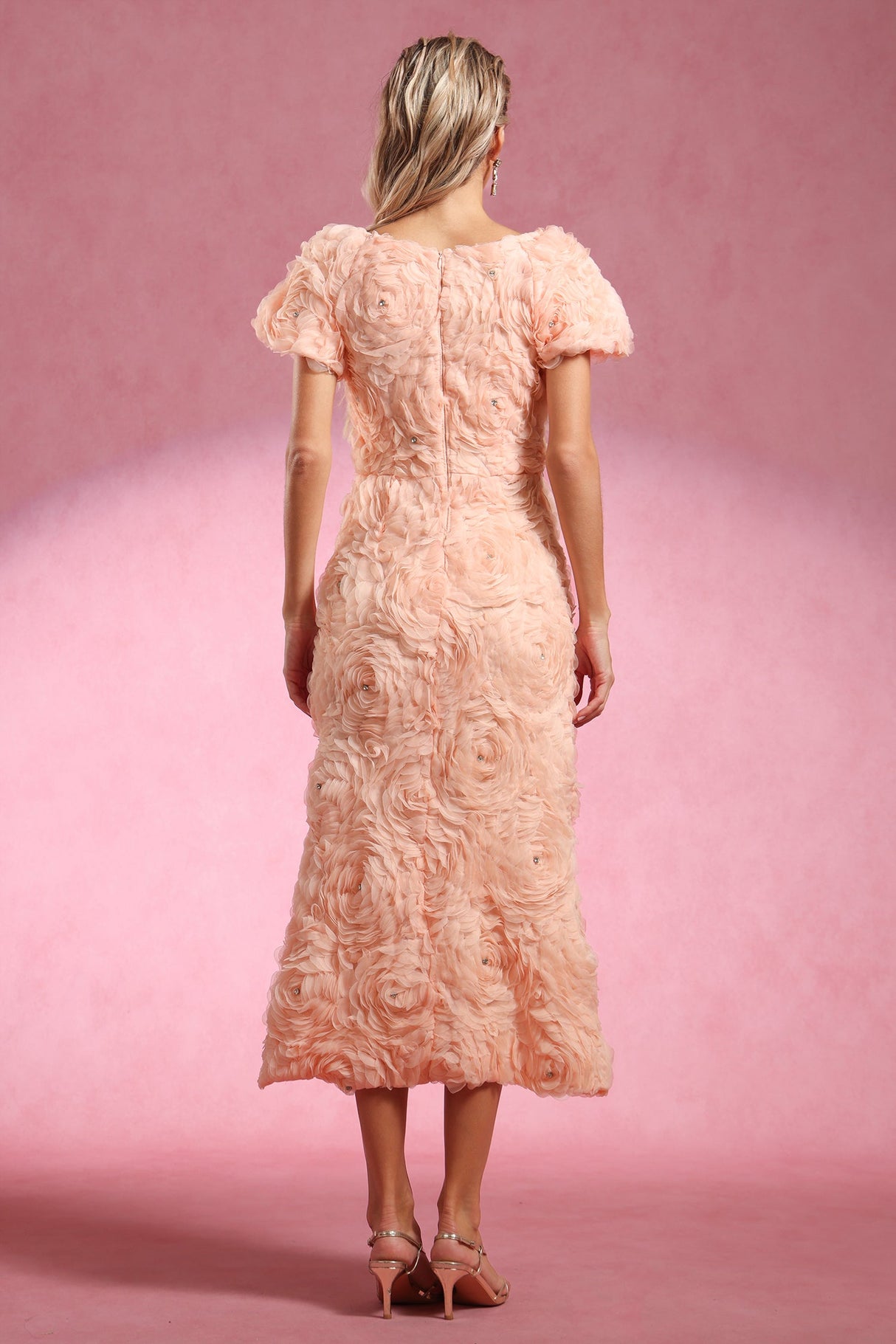 Ornella Peach Floral Roses Dress Square Neckline Puff Sleeves Elegant Feminine Garden Party Evening Event