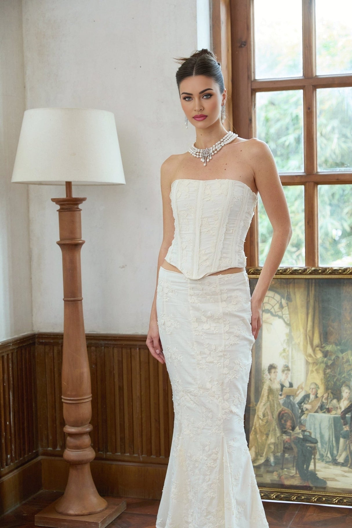 Ornella Skirt & Top Set White Embroidered Floral Corset Design