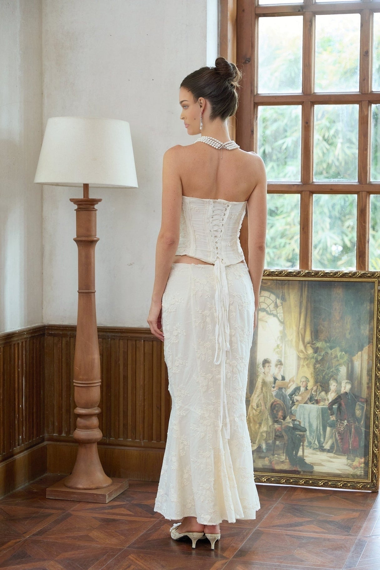 Ornella Skirt & Top Set White Embroidered Floral Corset Design