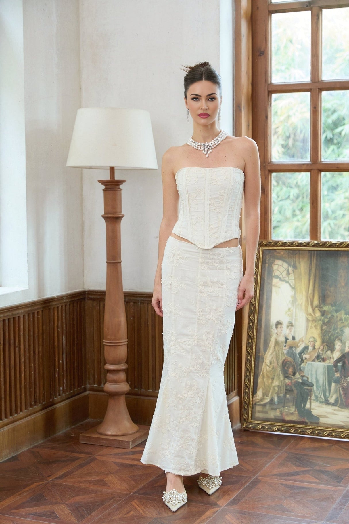 Ornella Skirt & Top Set White Embroidered Floral Corset Design