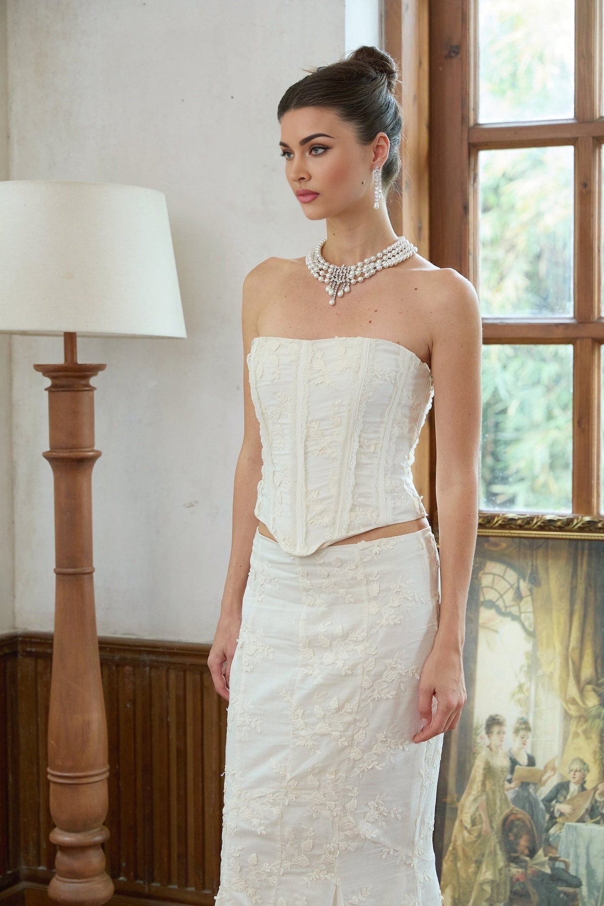 Ornella Skirt & Top Set White Embroidered Floral Corset Design