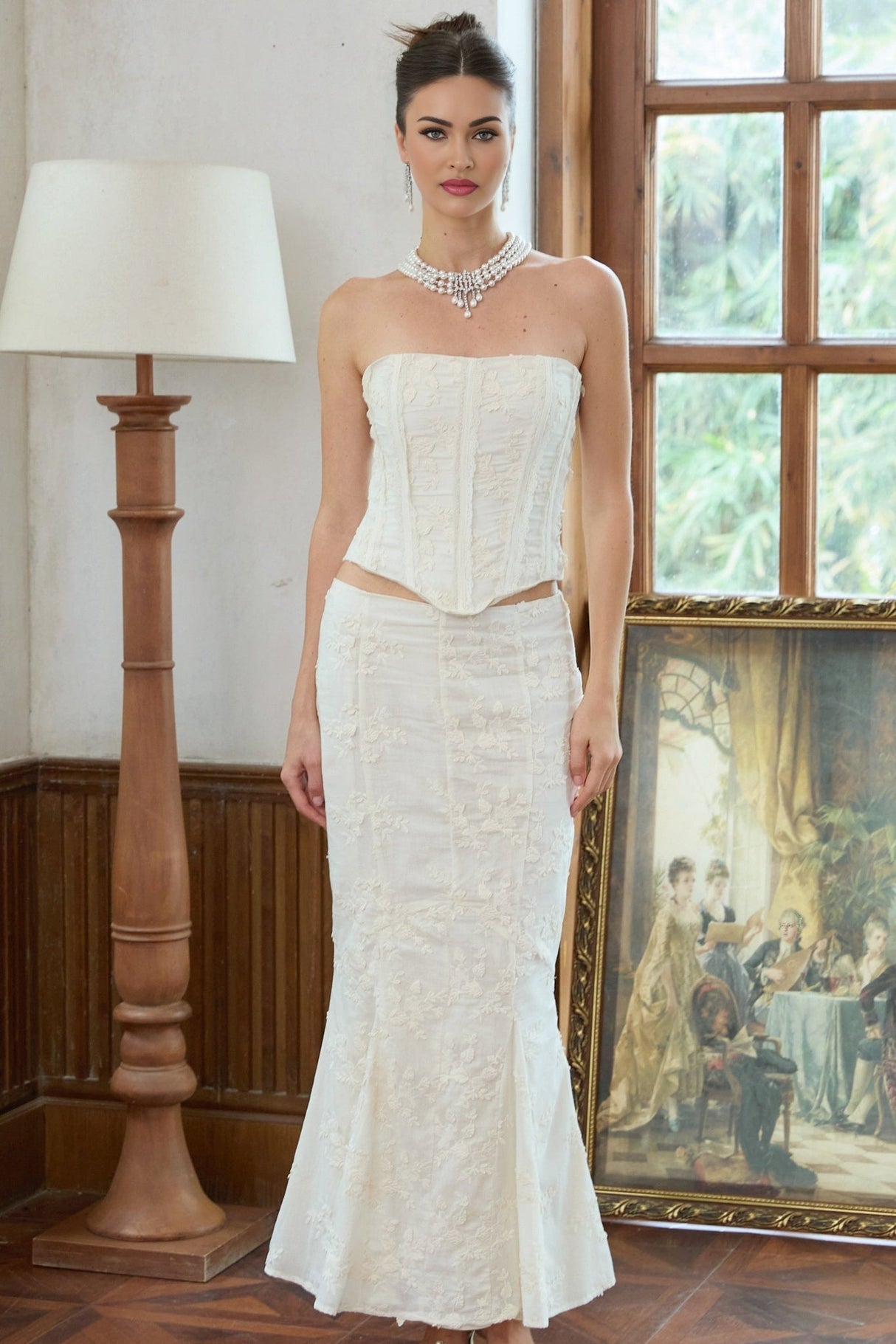 Ornella Skirt & Top Set White Embroidered Floral Corset Design