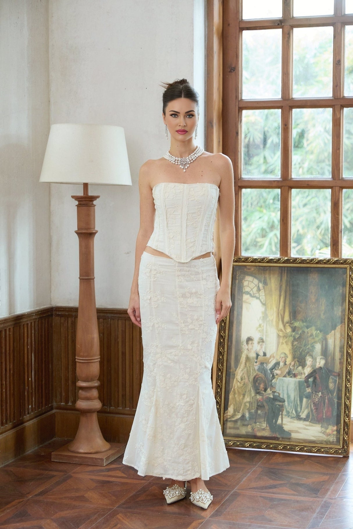 Ornella Skirt & Top Set White Embroidered Floral Corset Design