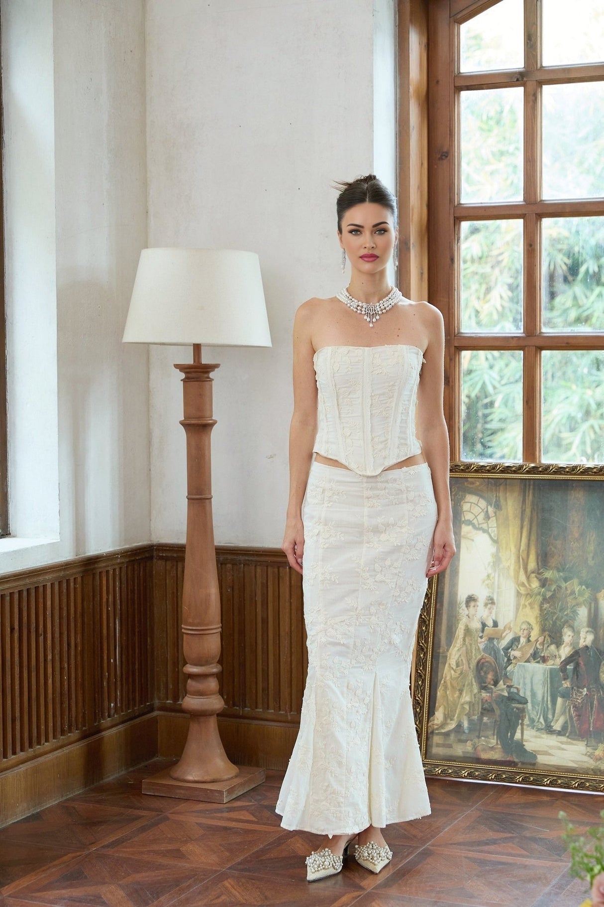 Ornella Skirt & Top Set White Embroidered Floral Corset Design