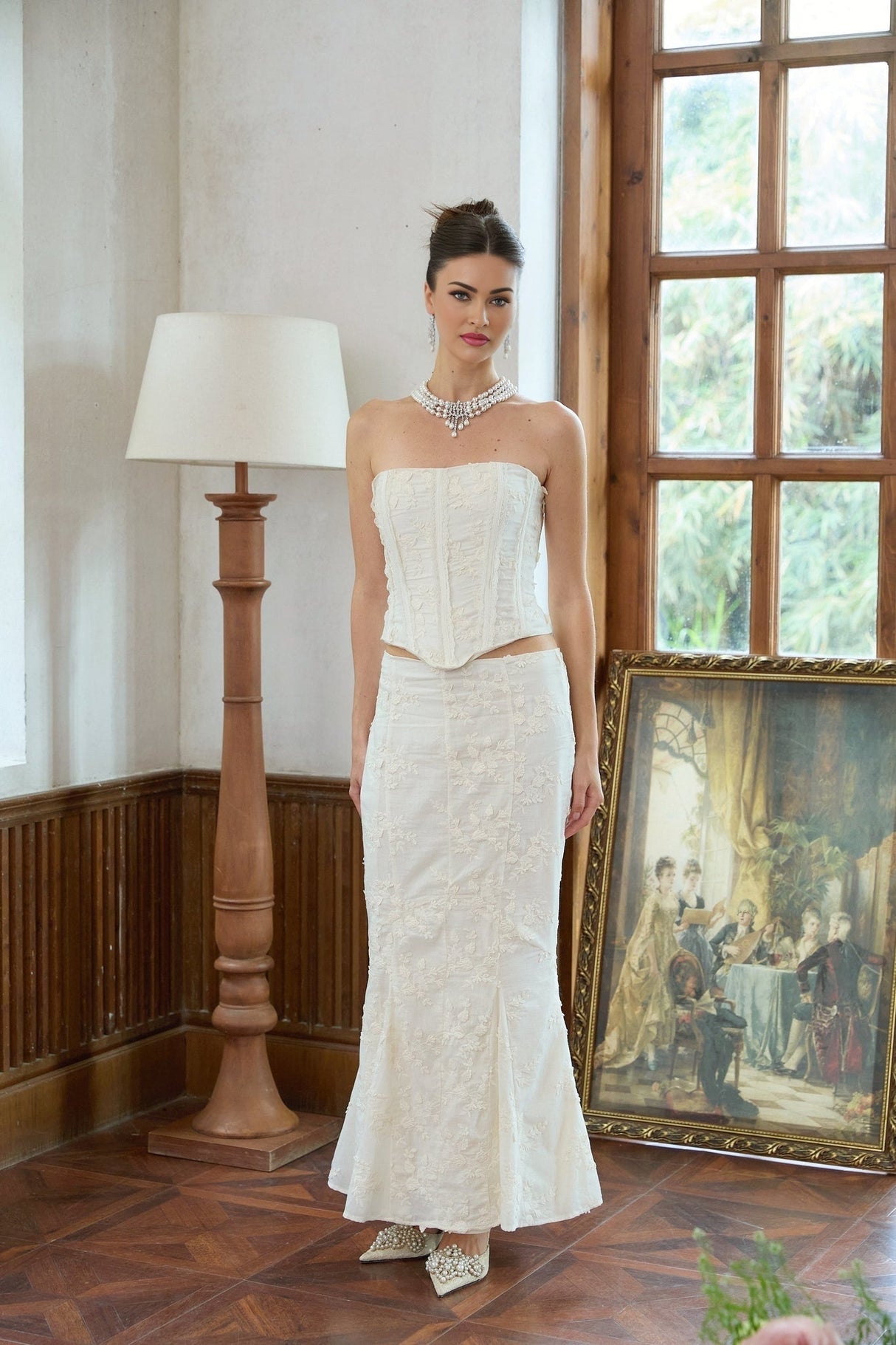 Ornella Skirt & Top Set White Embroidered Floral Corset Design