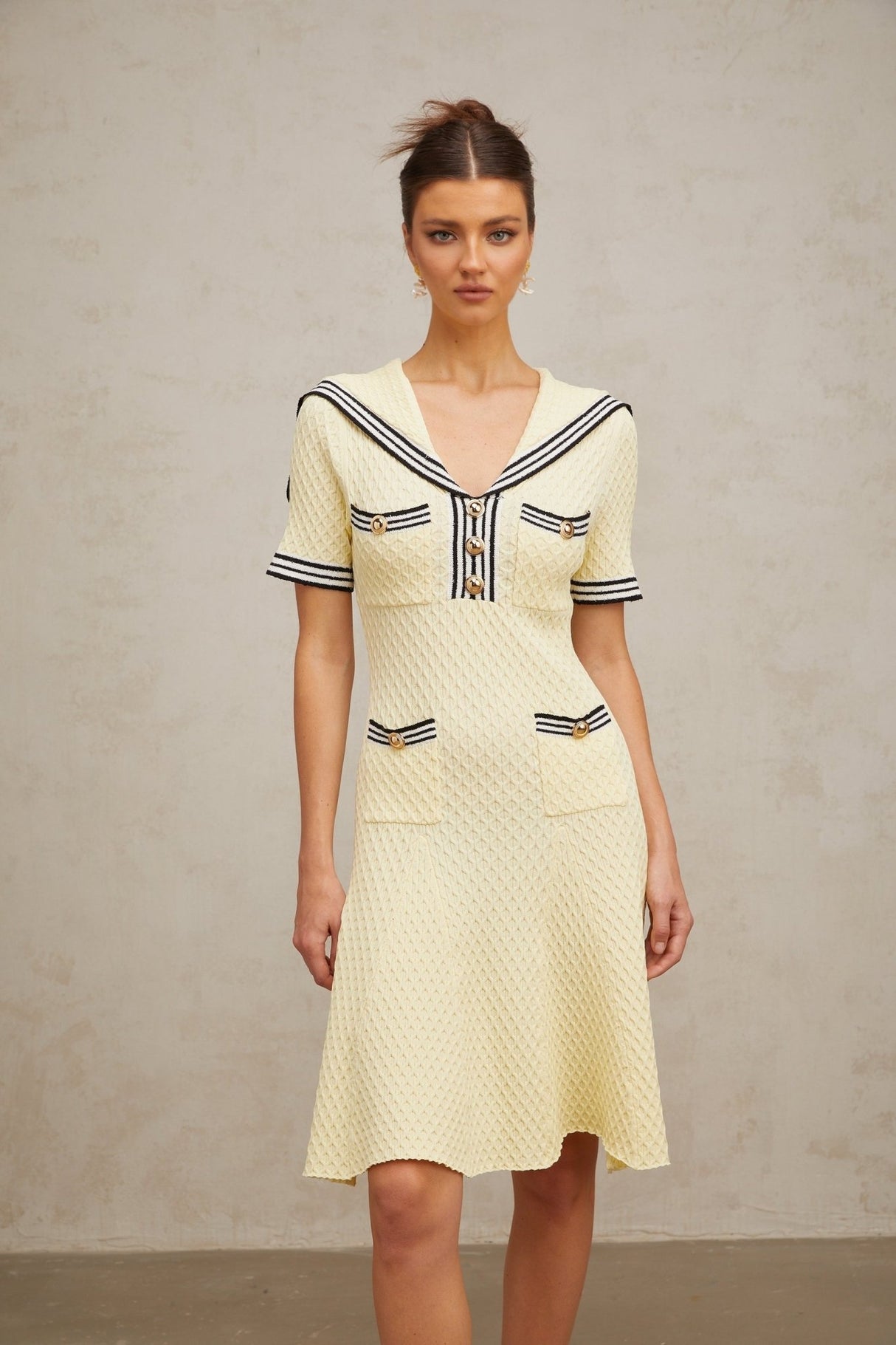 Paige Knitted Dress with Nautical Detail in Yellow