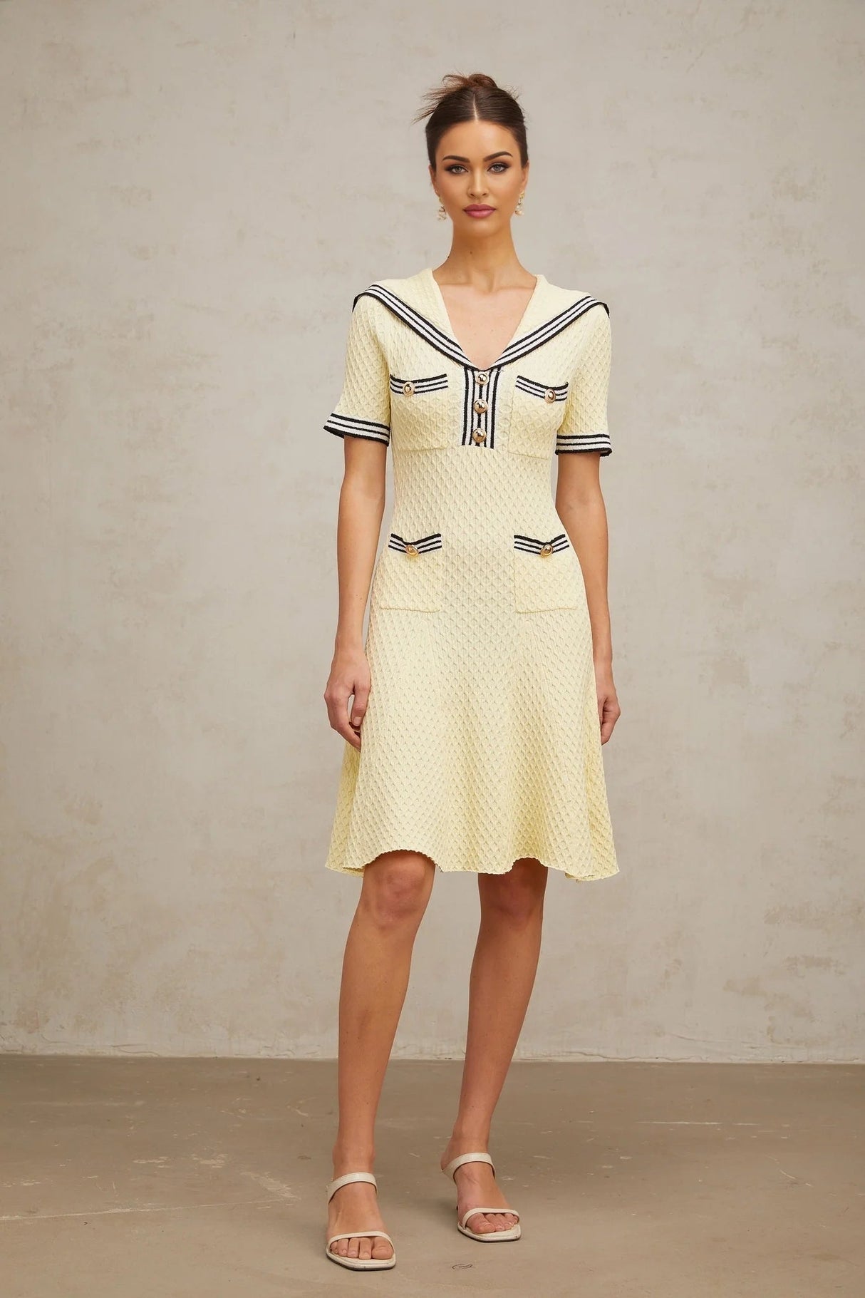 Paige Knitted Dress with Nautical Detail in Yellow