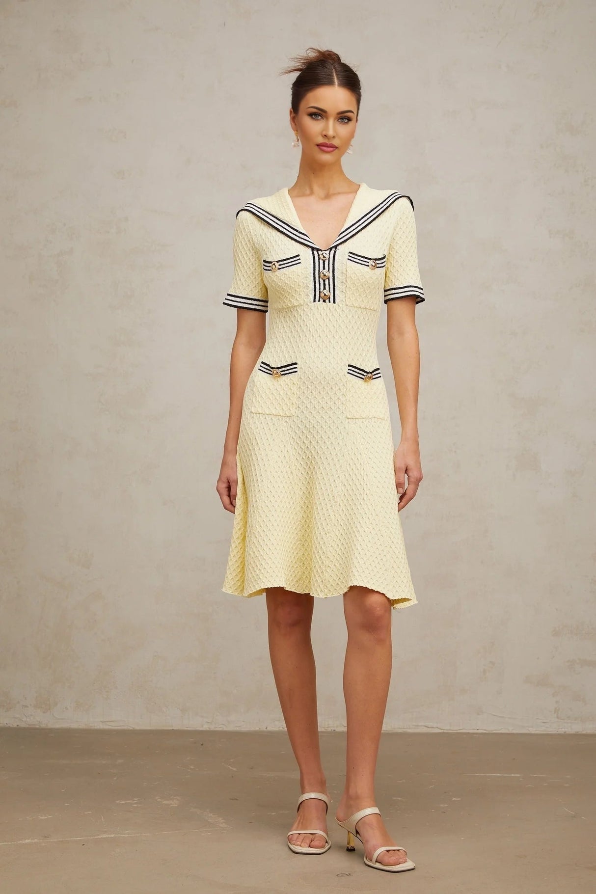 Paige Knitted Dress with Nautical Detail in Yellow