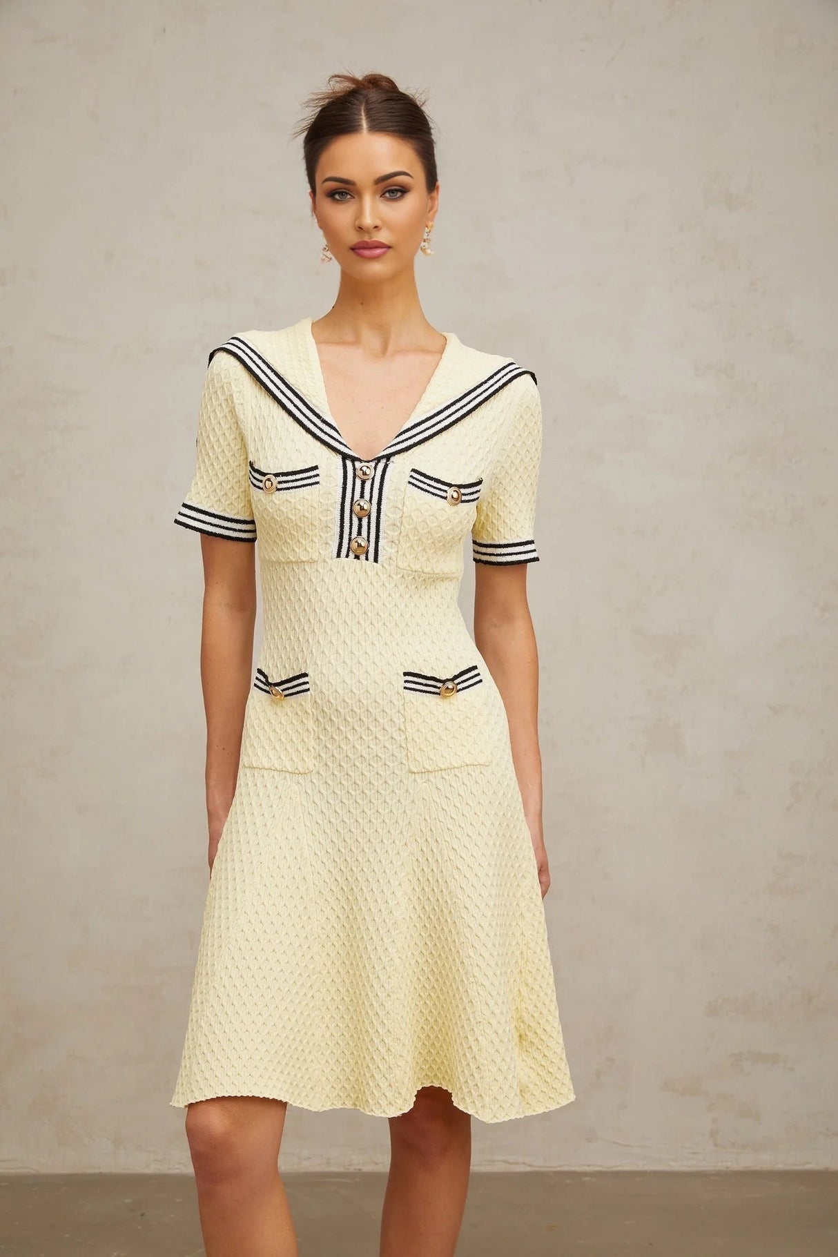 Paige Knitted Dress with Nautical Detail in Yellow
