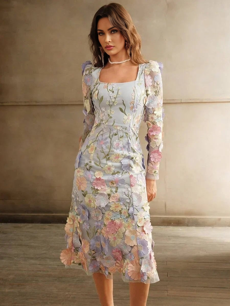 Paisley Midi Dress - Square Neck - Bishop Sleeve - High Waist - Floral Print - Boho Style