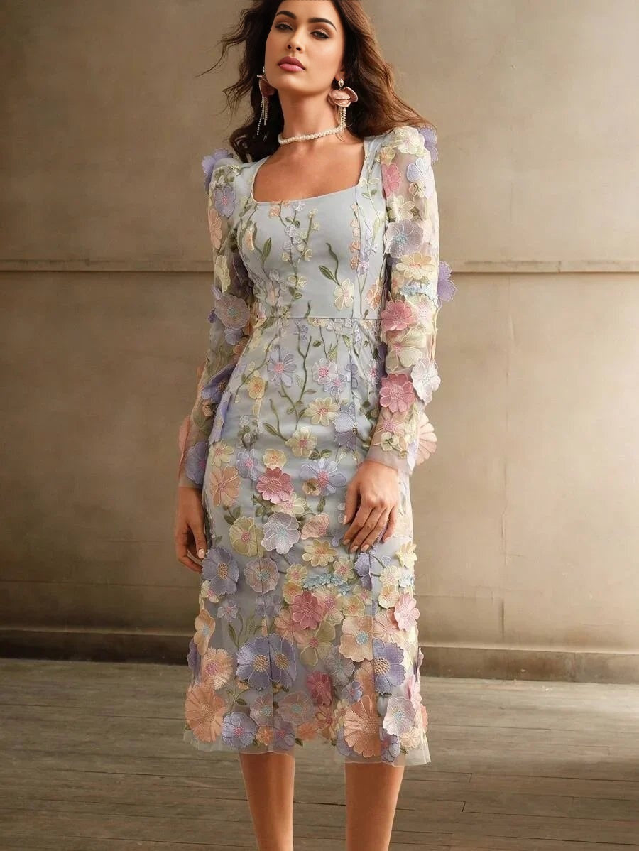 Paisley Midi Dress - Square Neck - Bishop Sleeve - High Waist - Floral Print - Boho Style
