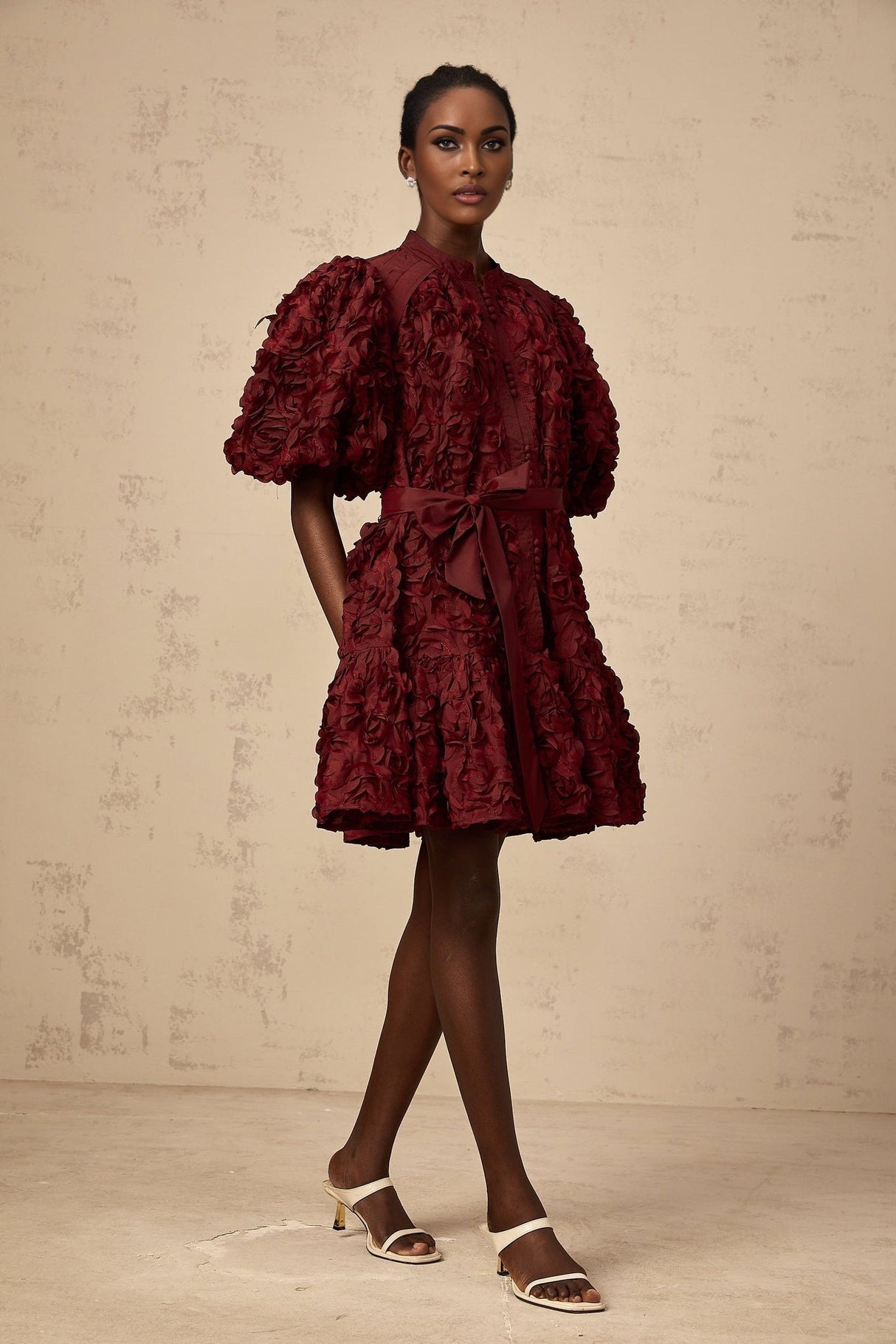Paisley Mini Dress Red 3D Petal Puff Tied Waist