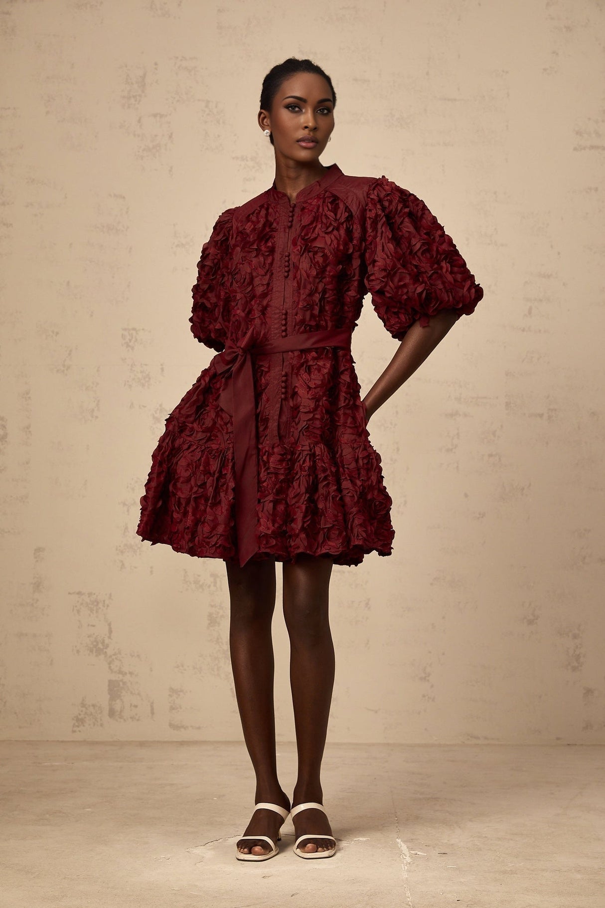 Paisley Mini Dress Red 3D Petal Puff Tied Waist