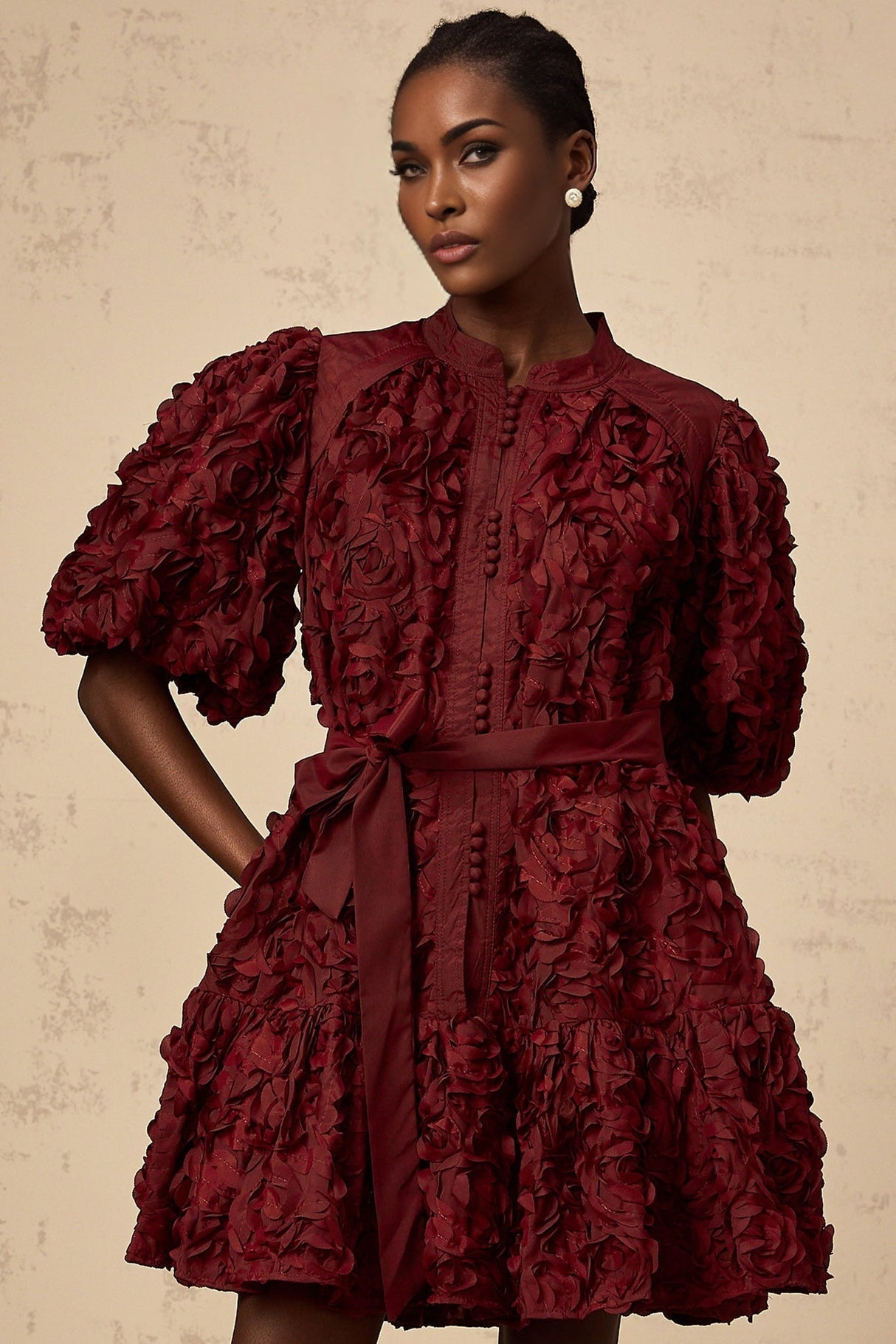 Paisley Mini Dress Red 3D Petal Puff Tied Waist