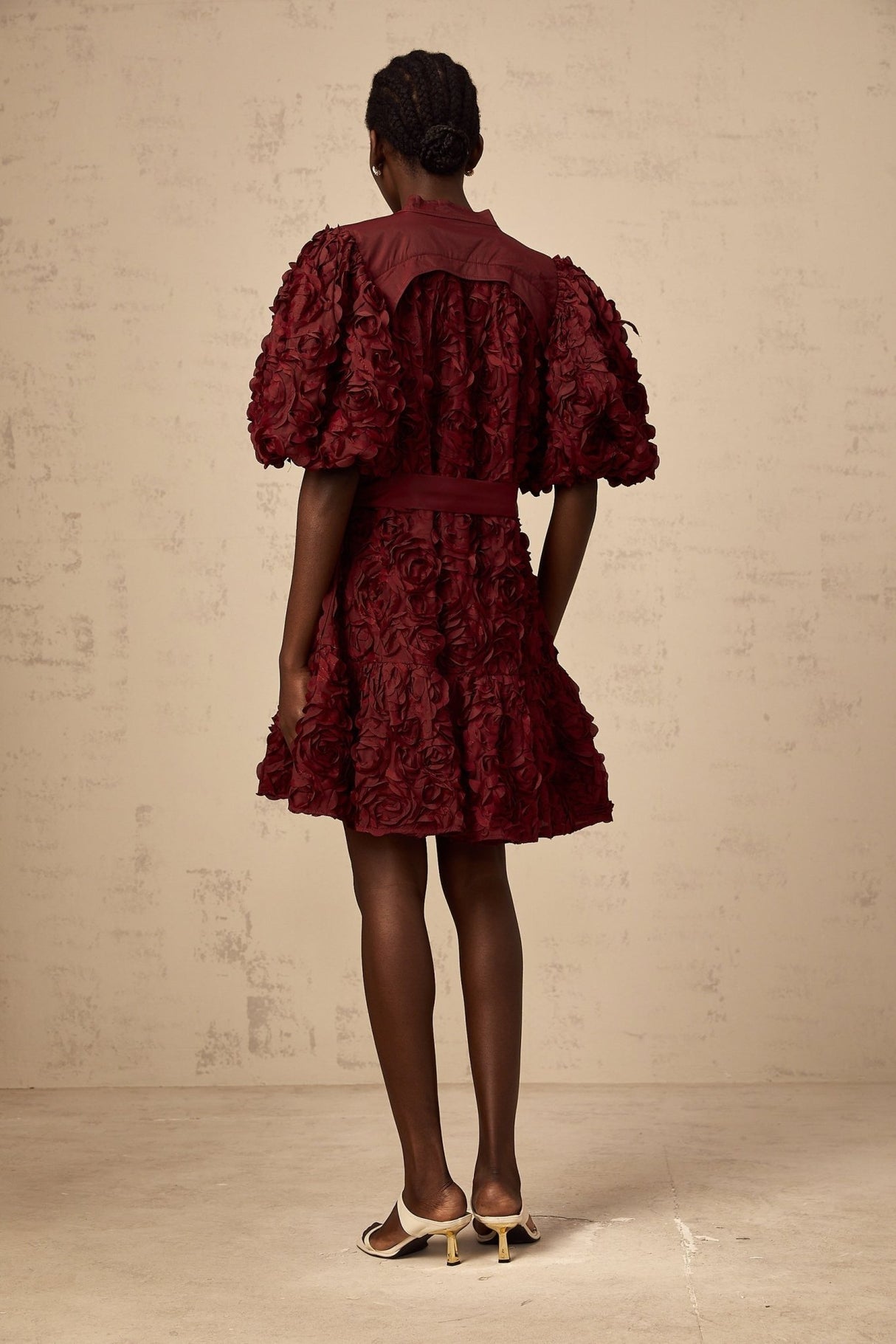 Paisley Mini Dress Red 3D Petal Puff Tied Waist