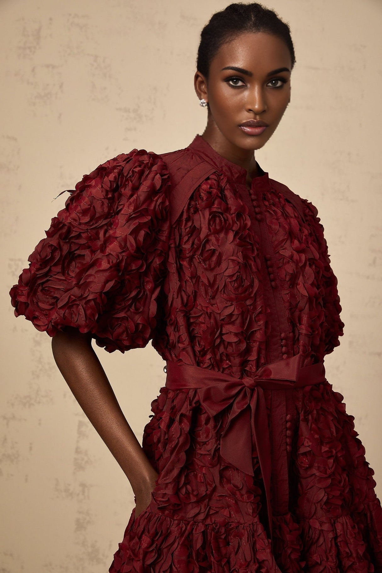 Paisley Mini Dress Red 3D Petal Puff Tied Waist