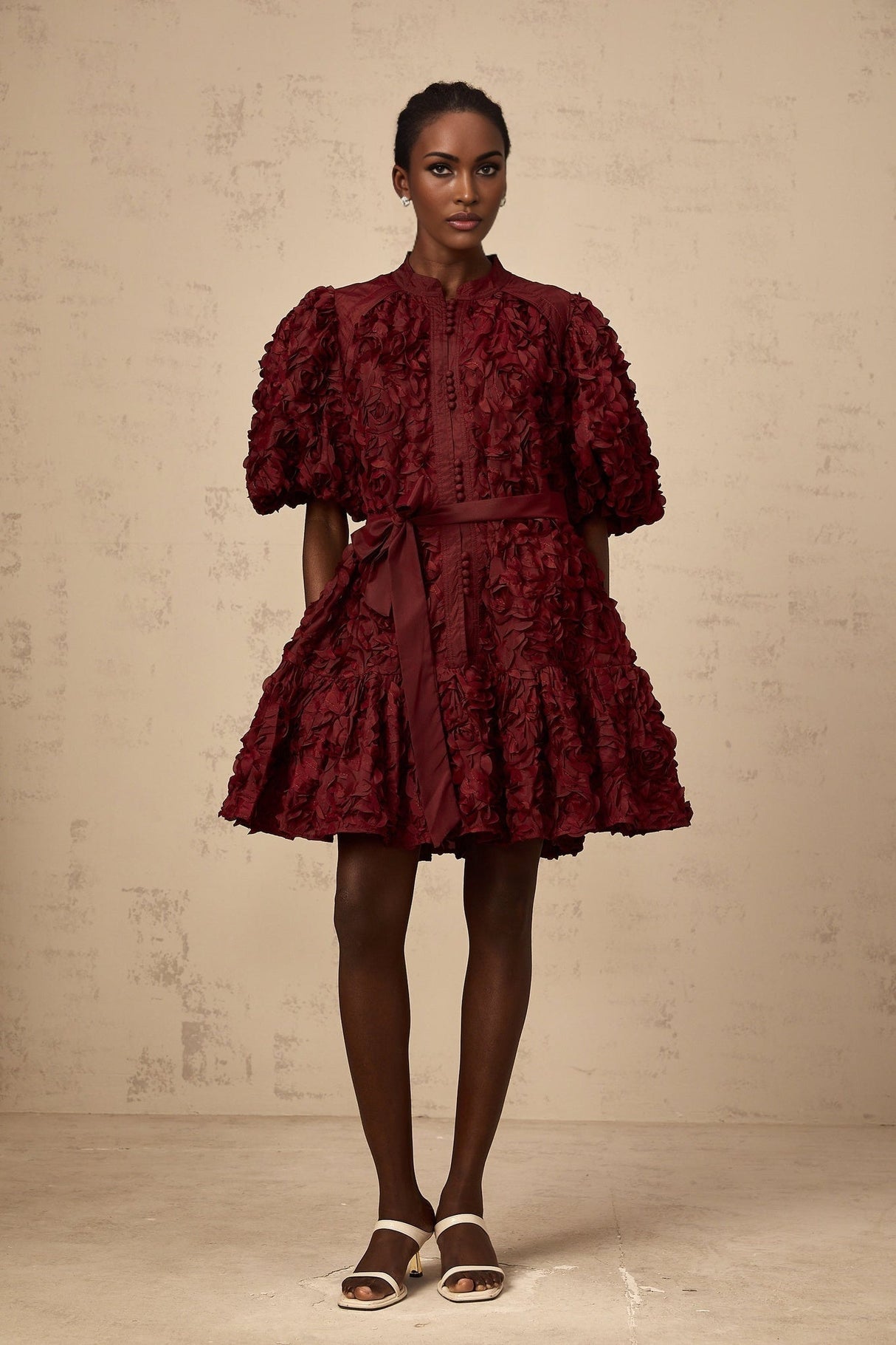 Paisley Mini Dress Red 3D Petal Puff Tied Waist