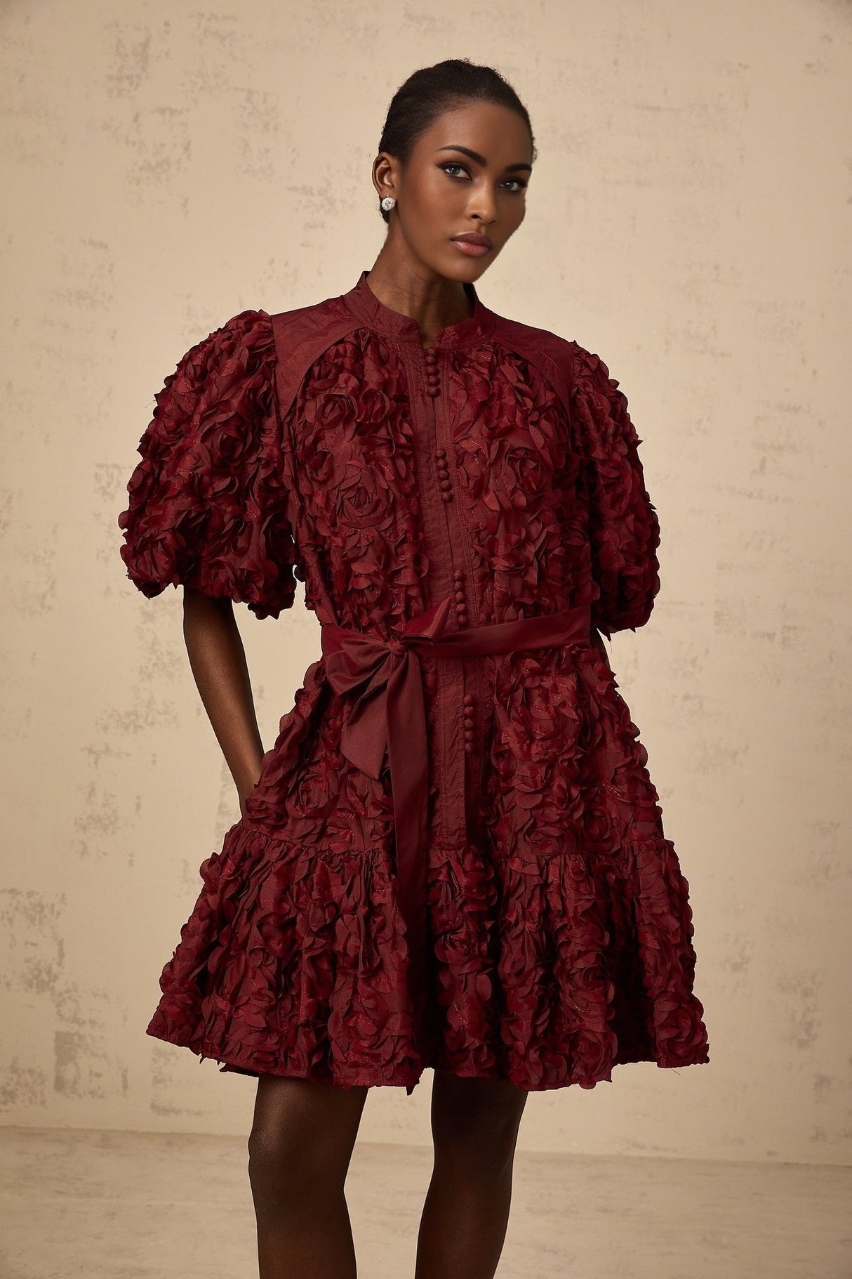 Paisley Mini Dress Red 3D Petal Puff Tied Waist