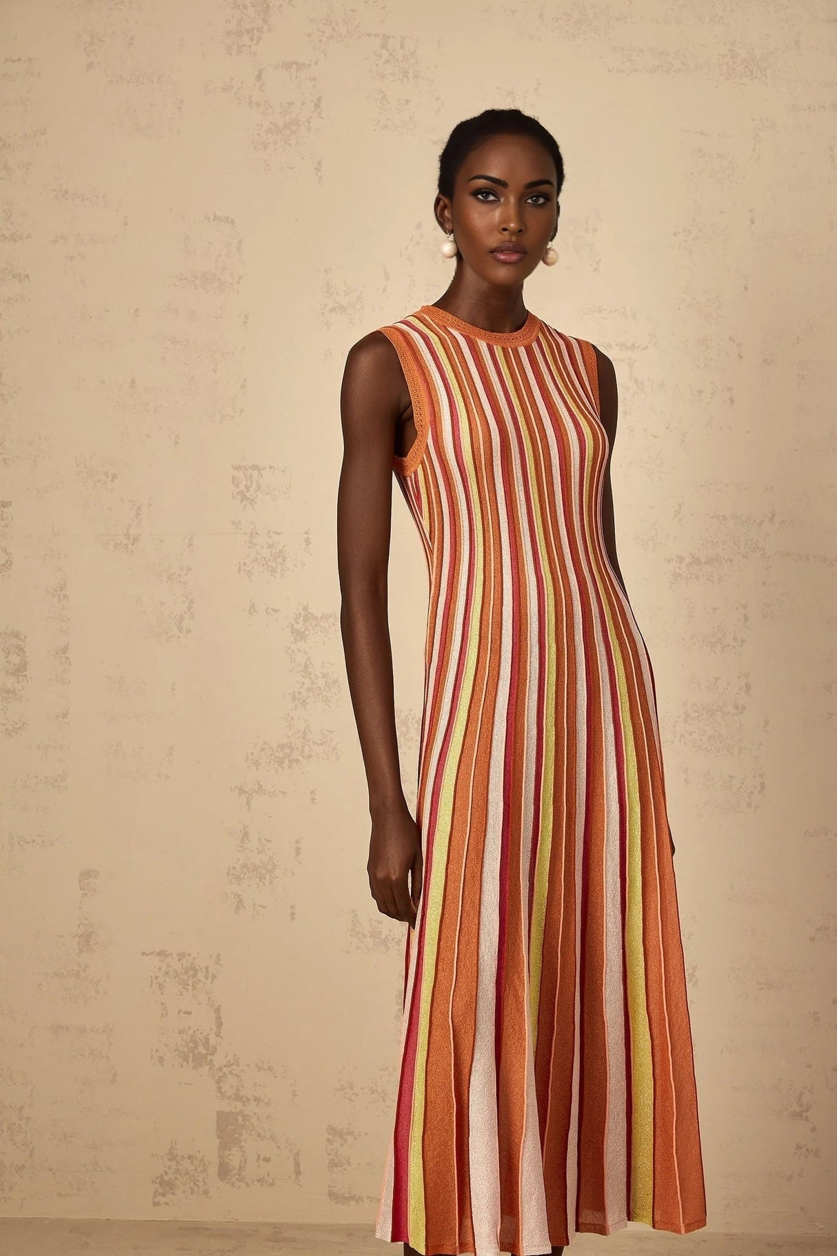 Paityn Midi Dress Orange Striped Knit Metallic Pleated Open Back