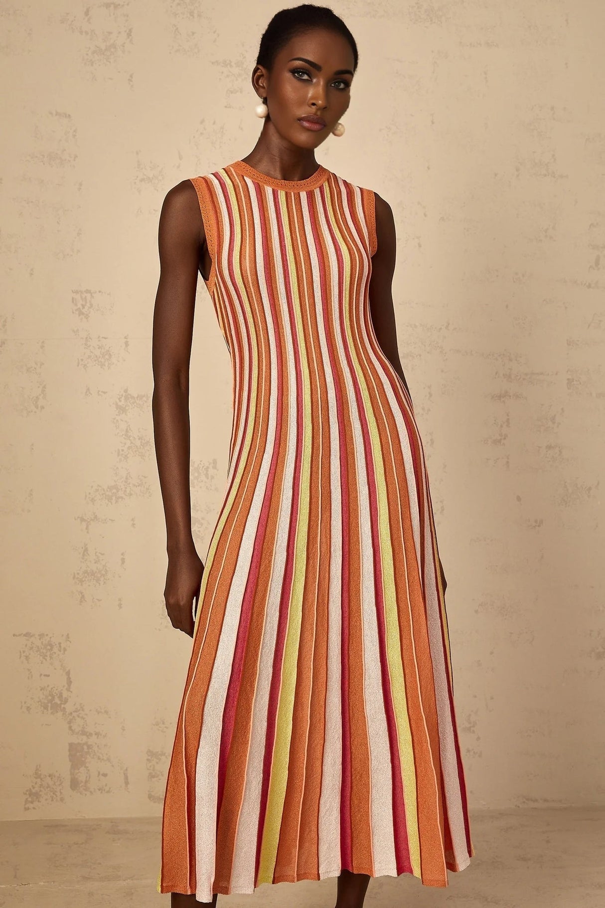 Paityn Midi Dress Orange Striped Knit Metallic Pleated Open Back