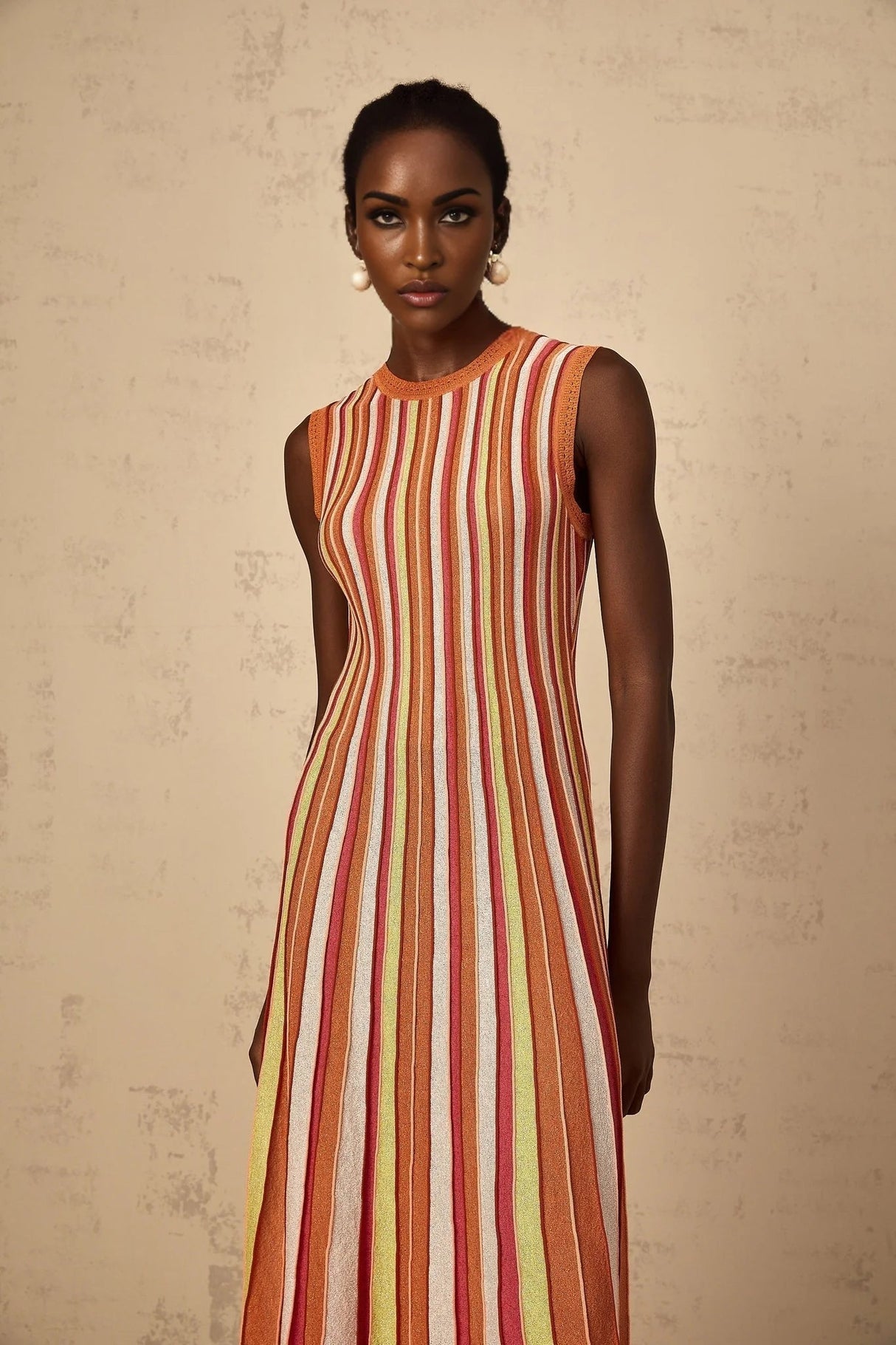 Paityn Midi Dress Orange Striped Knit Metallic Pleated Open Back