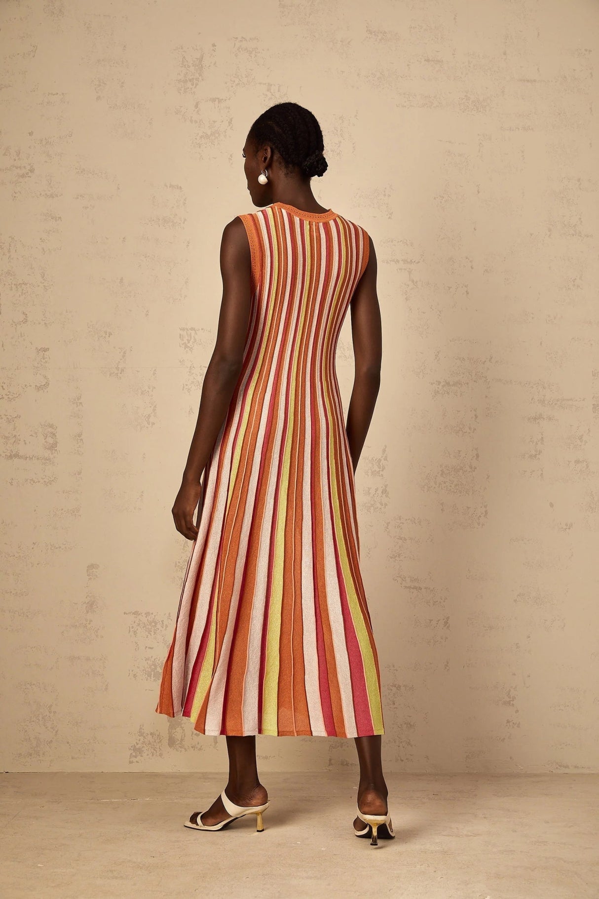 Paityn Midi Dress Orange Striped Knit Metallic Pleated Open Back