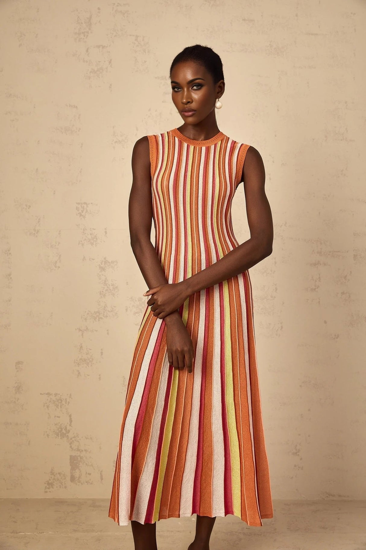 Paityn Midi Dress Orange Striped Knit Metallic Pleated Open Back