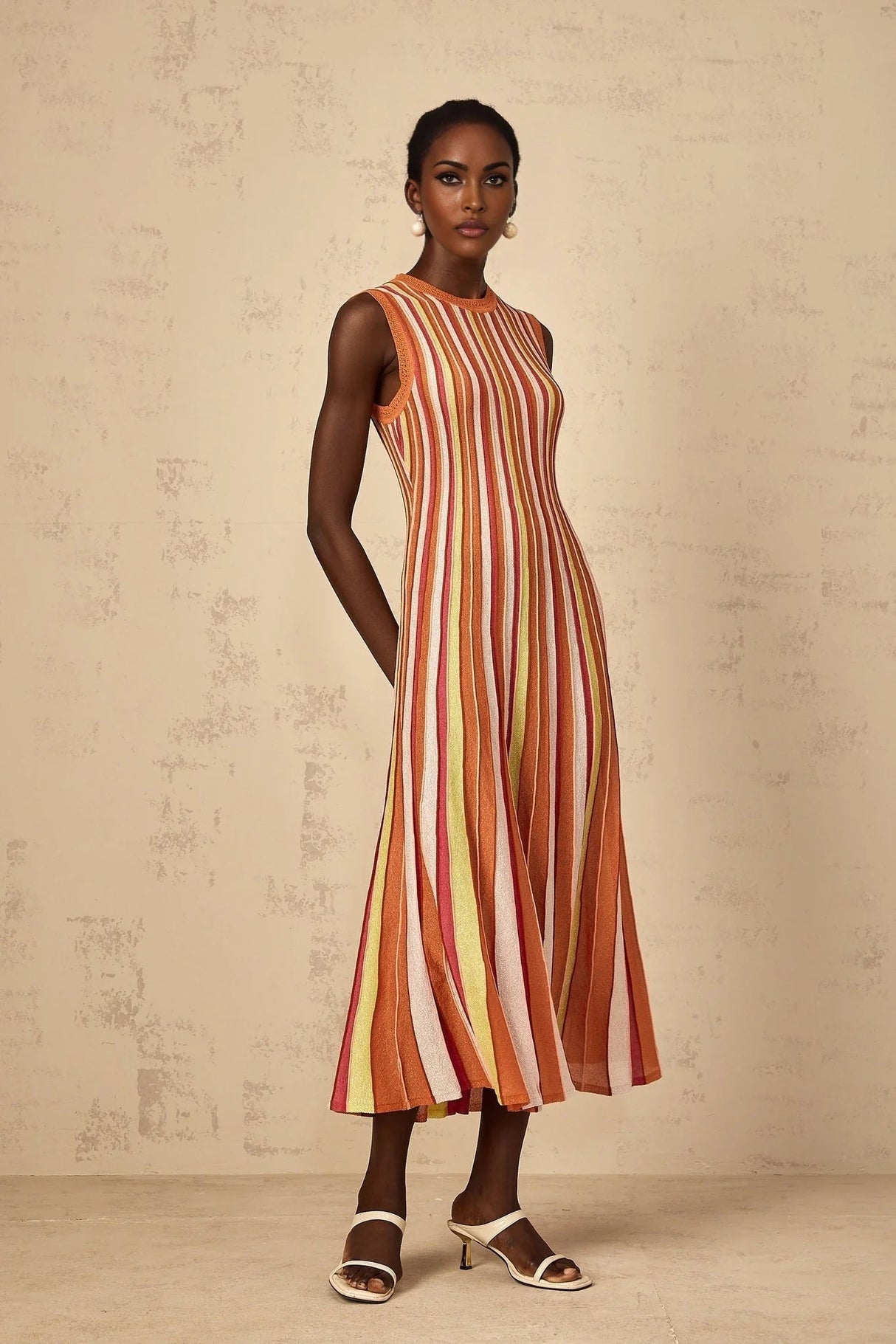 Paityn Midi Dress Orange Striped Knit Metallic Pleated Open Back