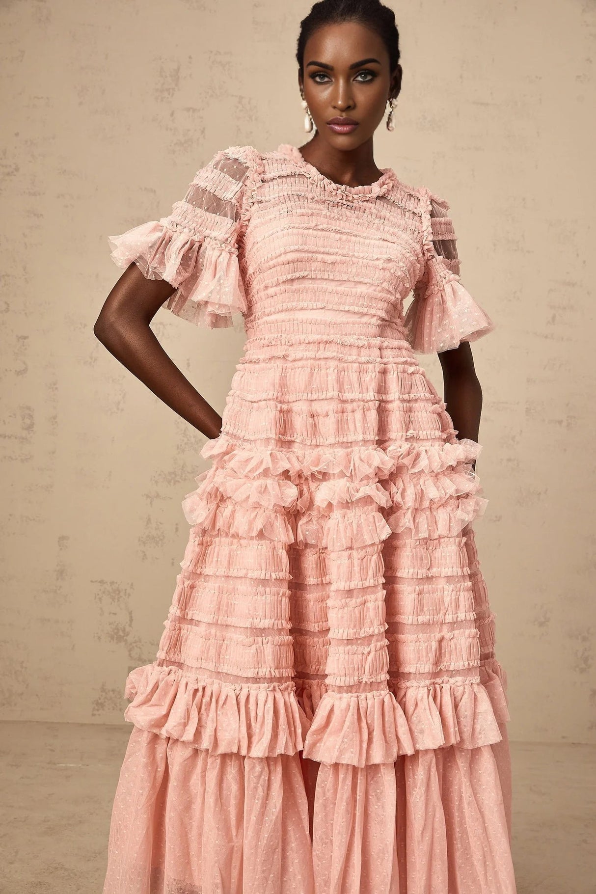 Paityn Midi Dress Pink Dot Ruffled Tulle Tiered Design Zip Fastening