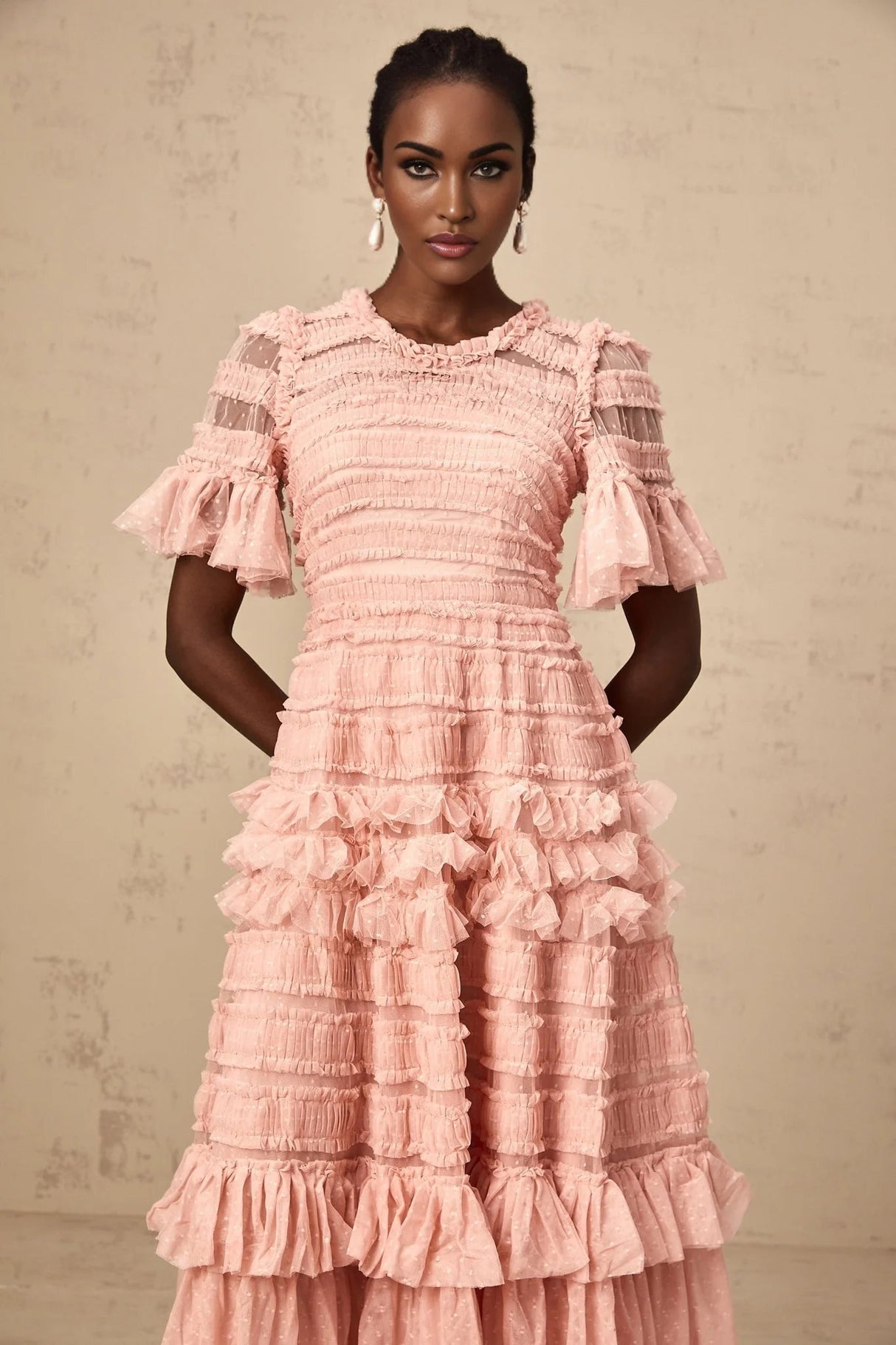 Paityn Midi Dress Pink Dot Ruffled Tulle Tiered Design Zip Fastening