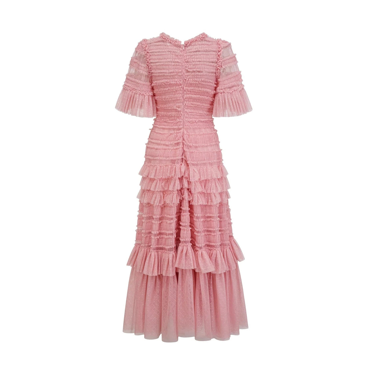Paityn Midi Dress Pink Dot Ruffled Tulle Tiered Design Zip Fastening