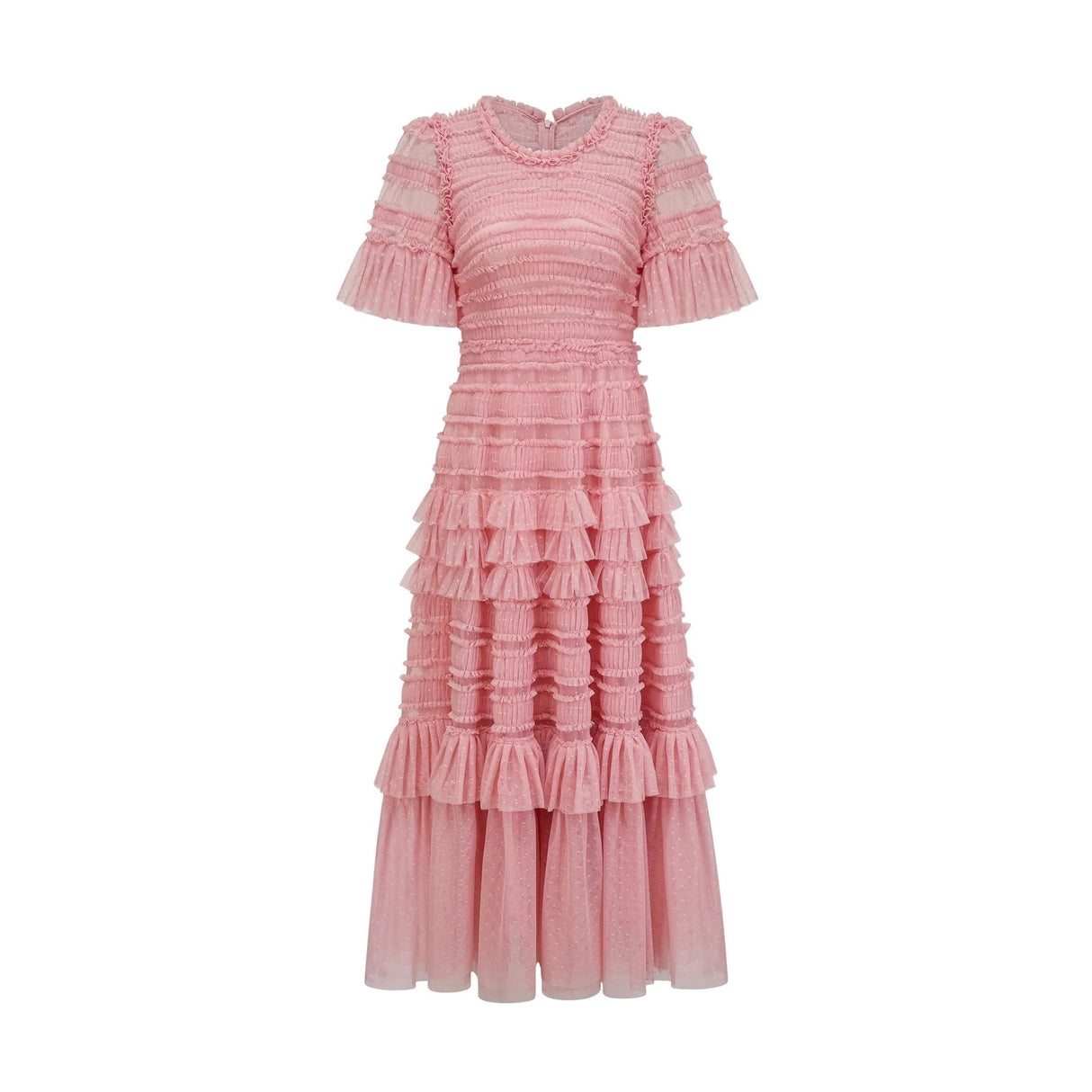 Paityn Midi Dress Pink Dot Ruffled Tulle Tiered Design Zip Fastening