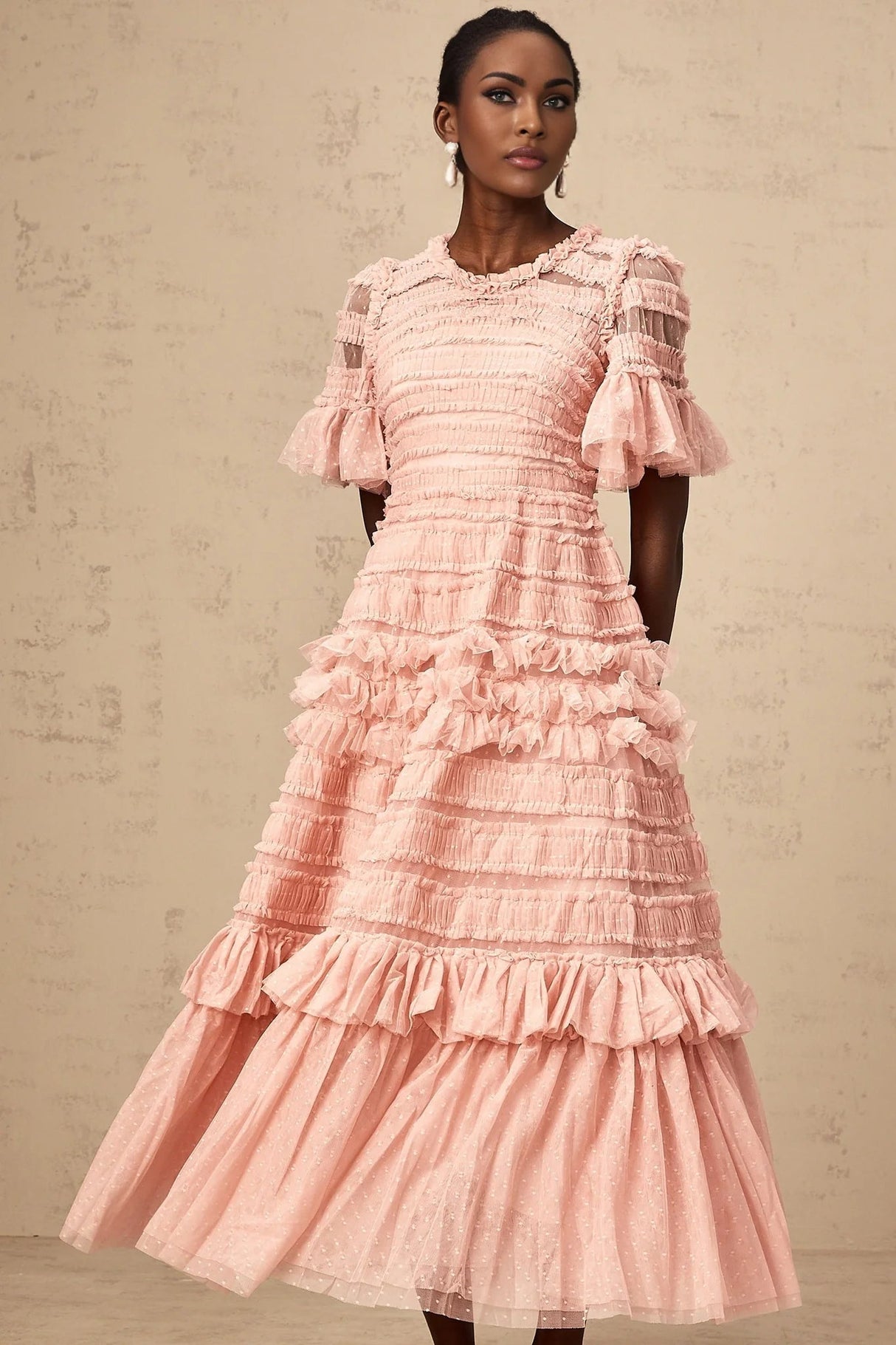 Paityn Midi Dress Pink Dot Ruffled Tulle Tiered Design Zip Fastening