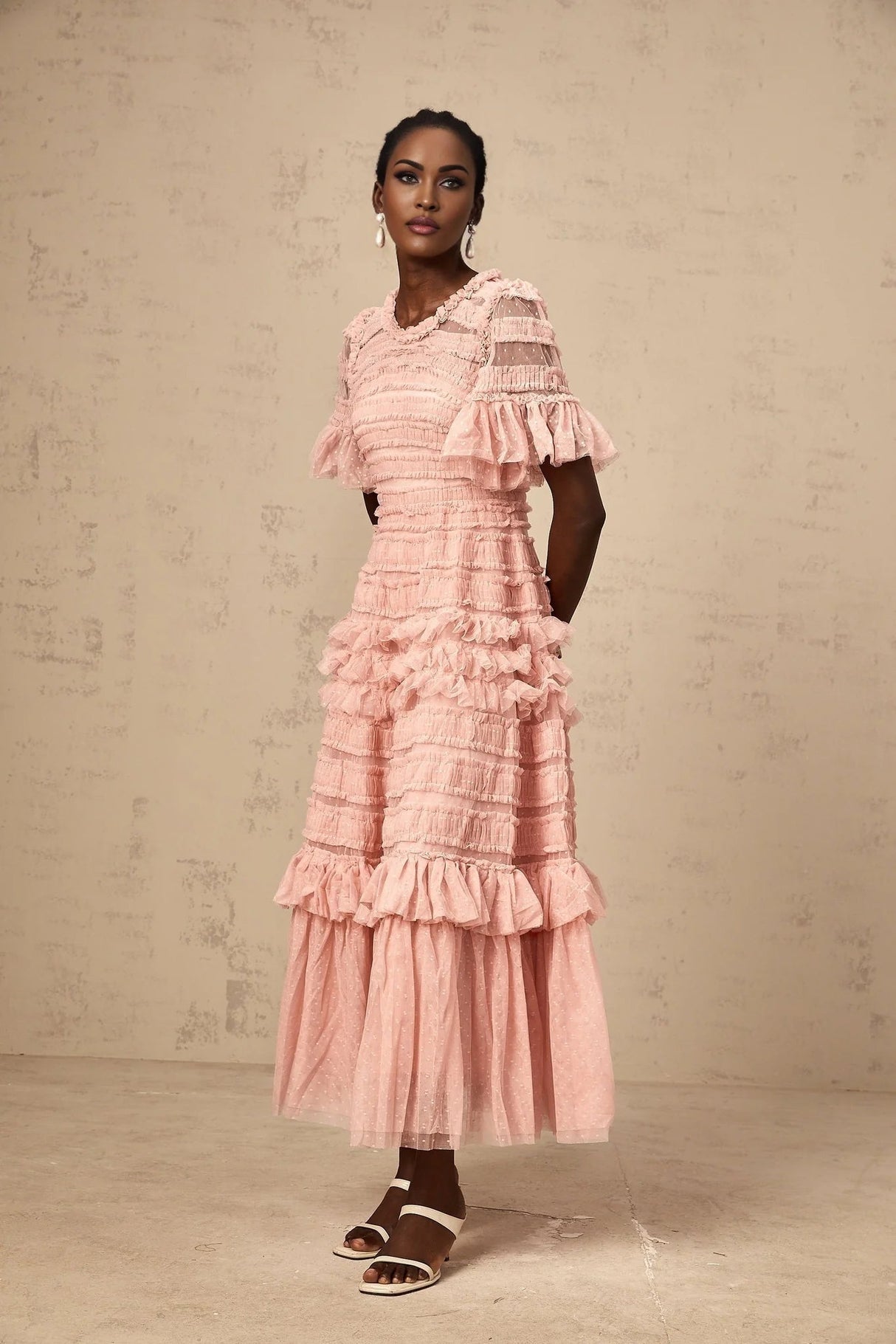 Paityn Midi Dress Pink Dot Ruffled Tulle Tiered Design Zip Fastening