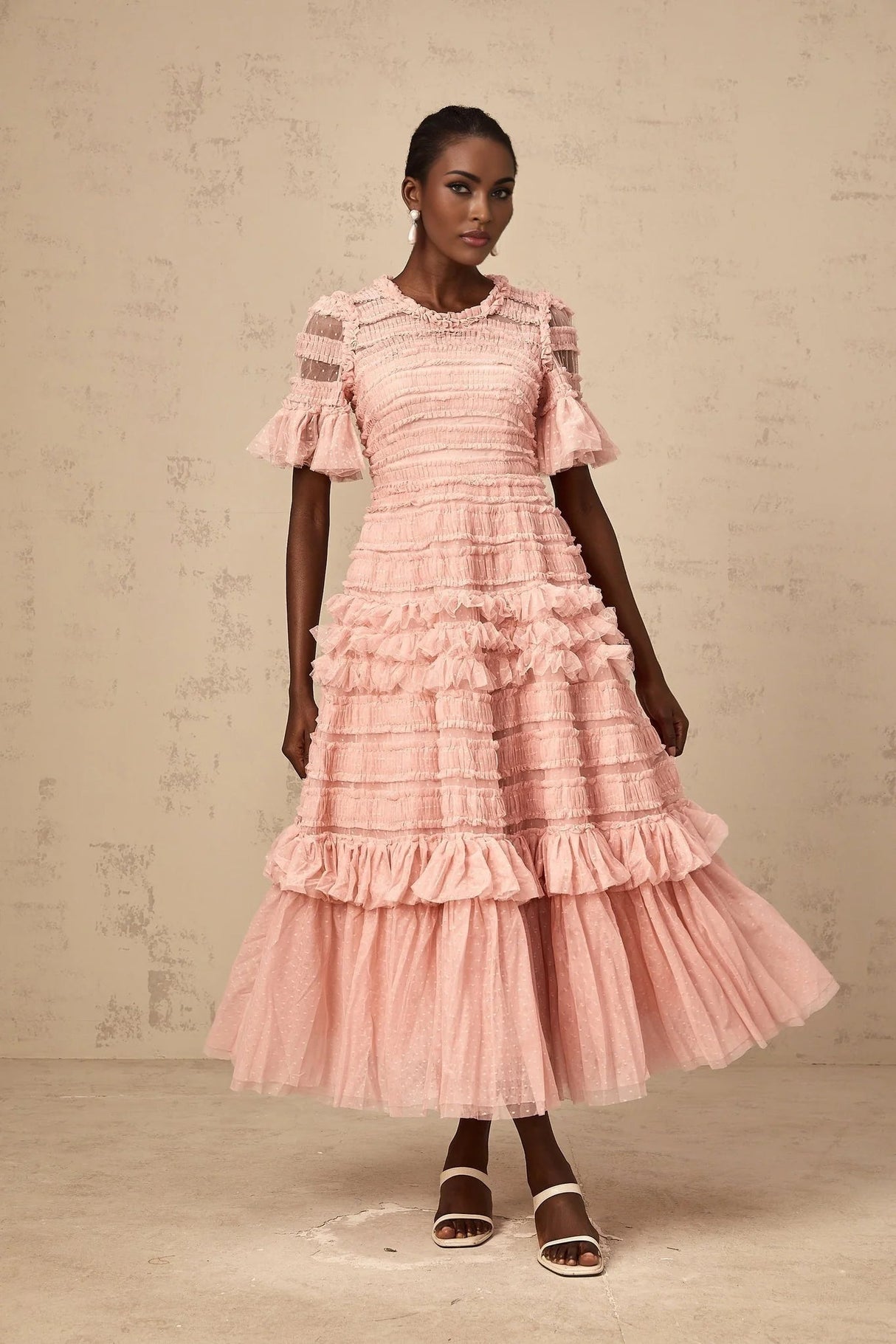 Paityn Midi Dress Pink Dot Ruffled Tulle Tiered Design Zip Fastening