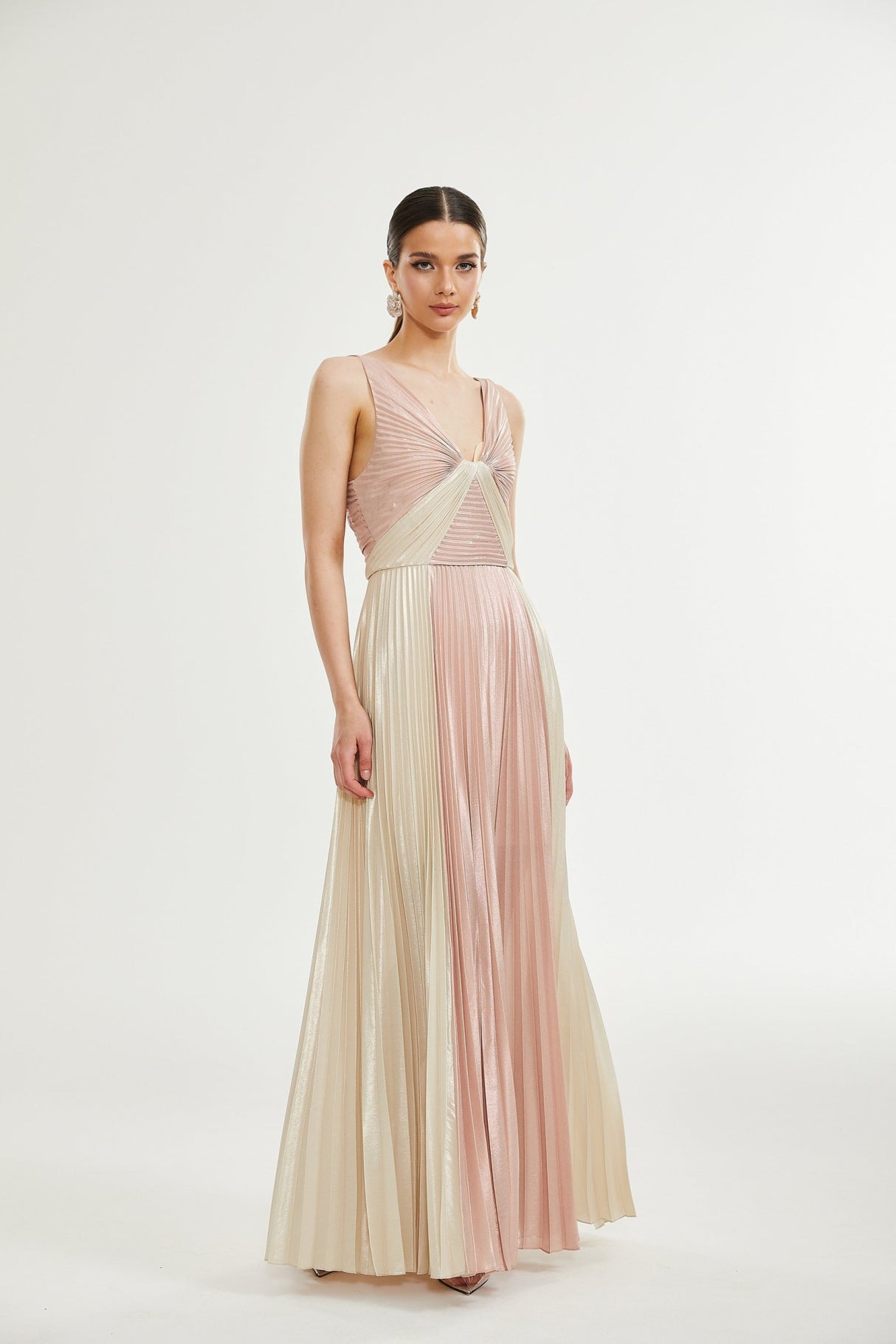 Palma Dress Pink & Gold Pleated Maxi