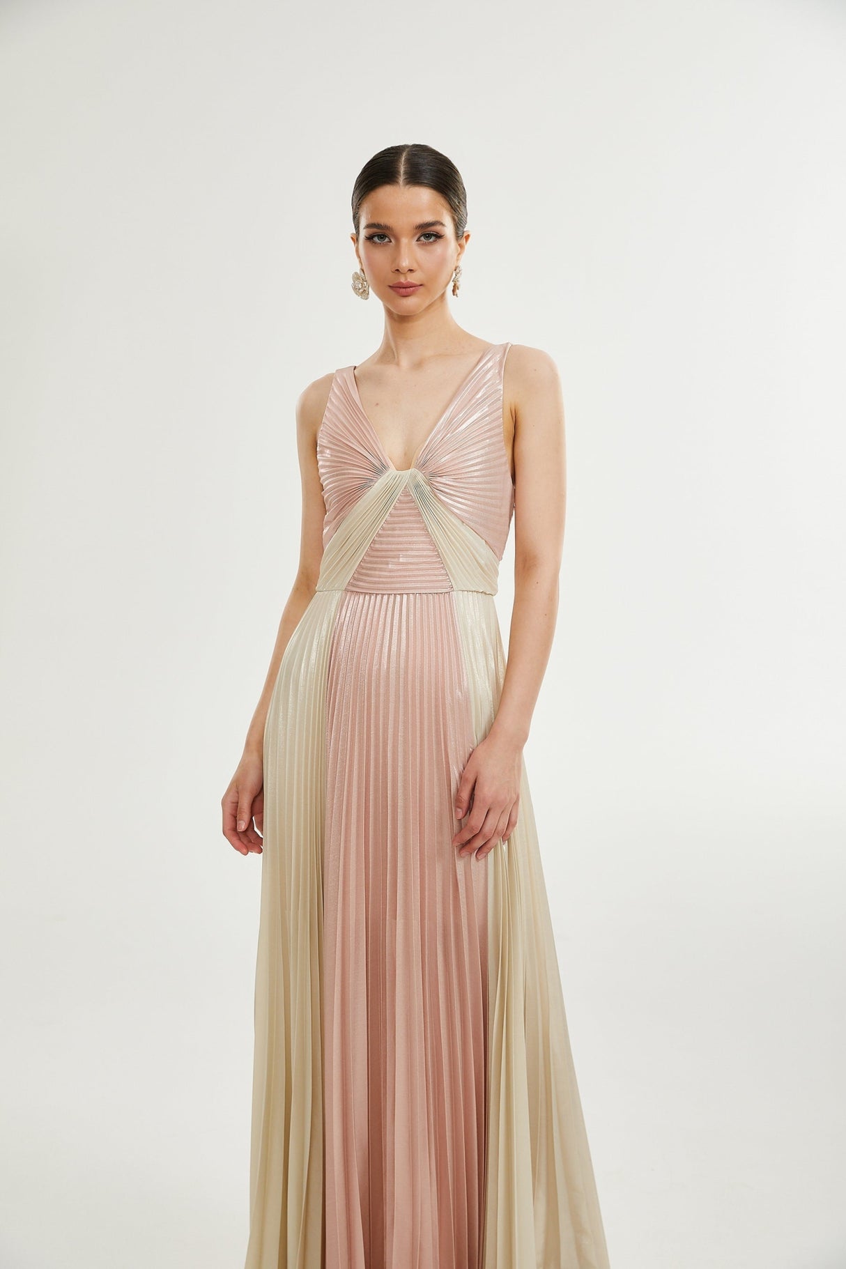 Palma Dress Pink & Gold Pleated Maxi