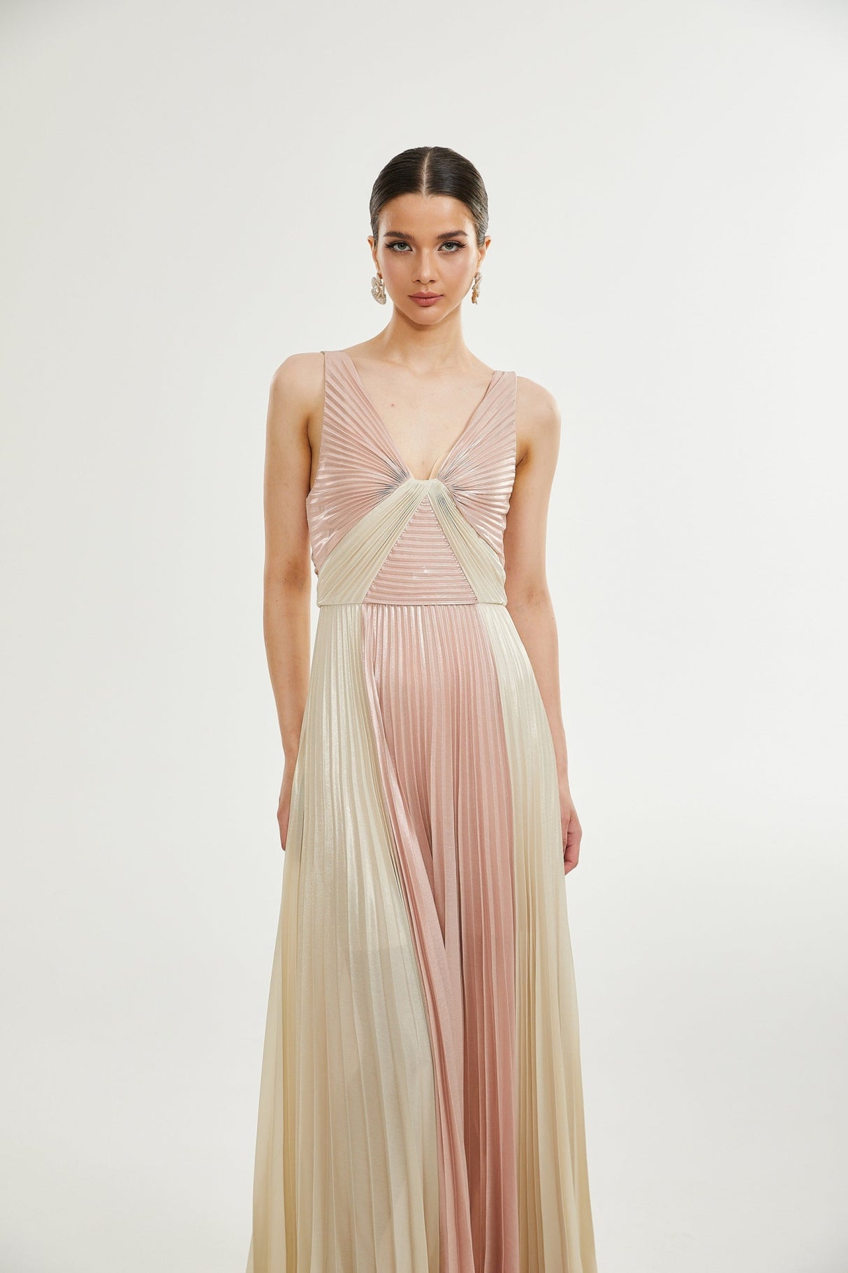 Palma Dress Pink & Gold Pleated Maxi
