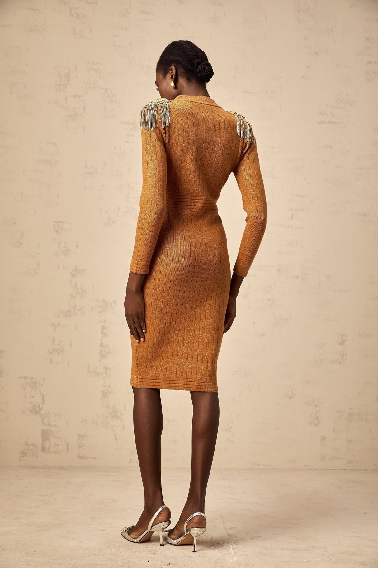 Palma Midi Dress Brown Ribbed Knit Epaulet Fitted Calf Length