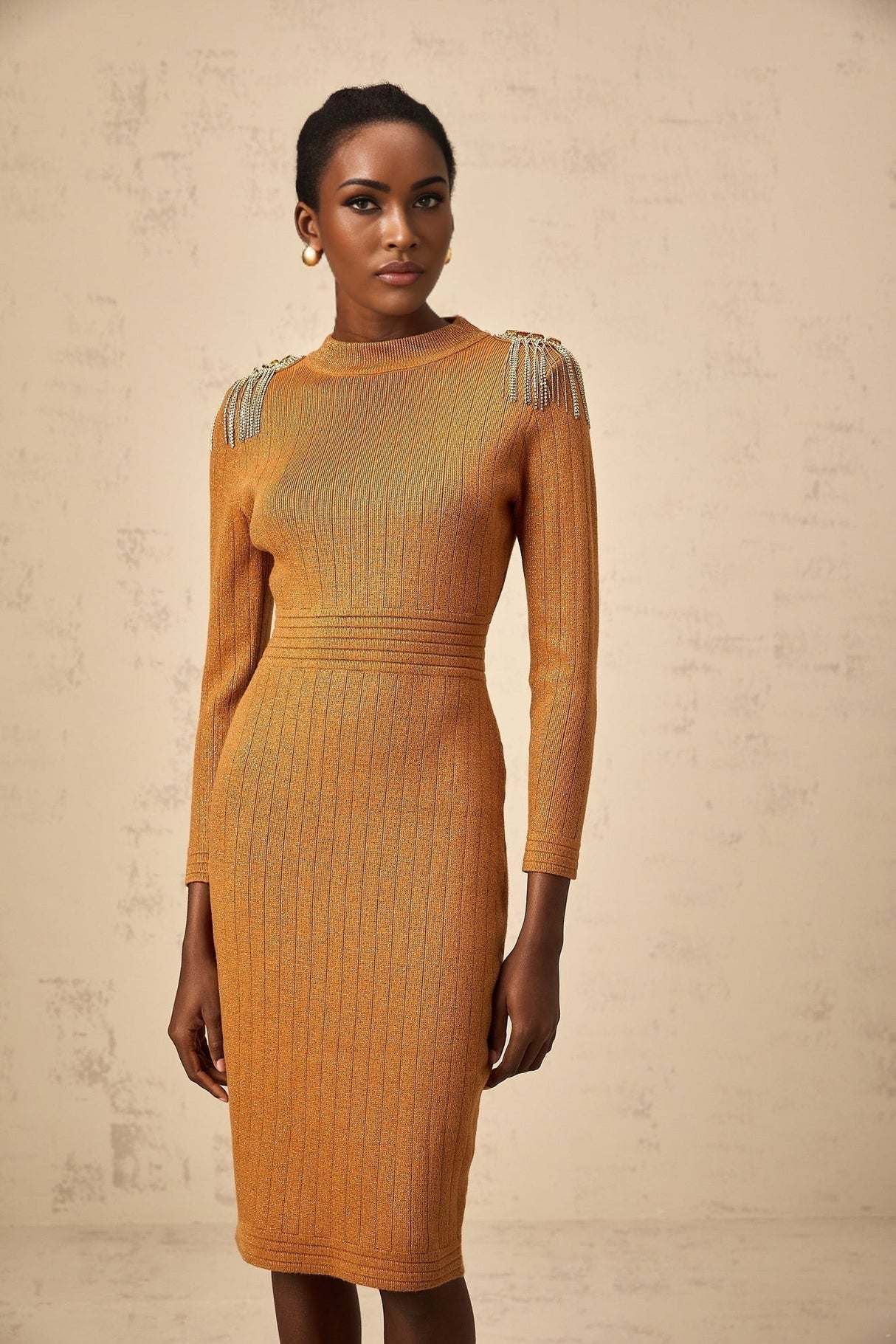 Palma Midi Dress Brown Ribbed Knit Epaulet Fitted Calf Length