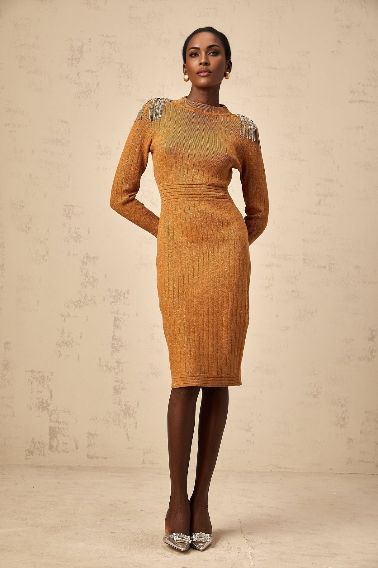 Palma Midi Dress Brown Ribbed Knit Epaulet Fitted Calf Length