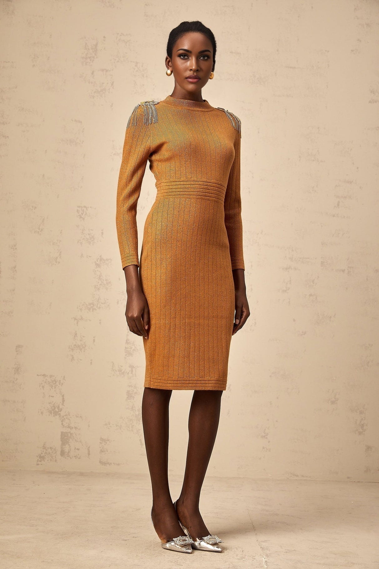 Palma Midi Dress Brown Ribbed Knit Epaulet Fitted Calf Length