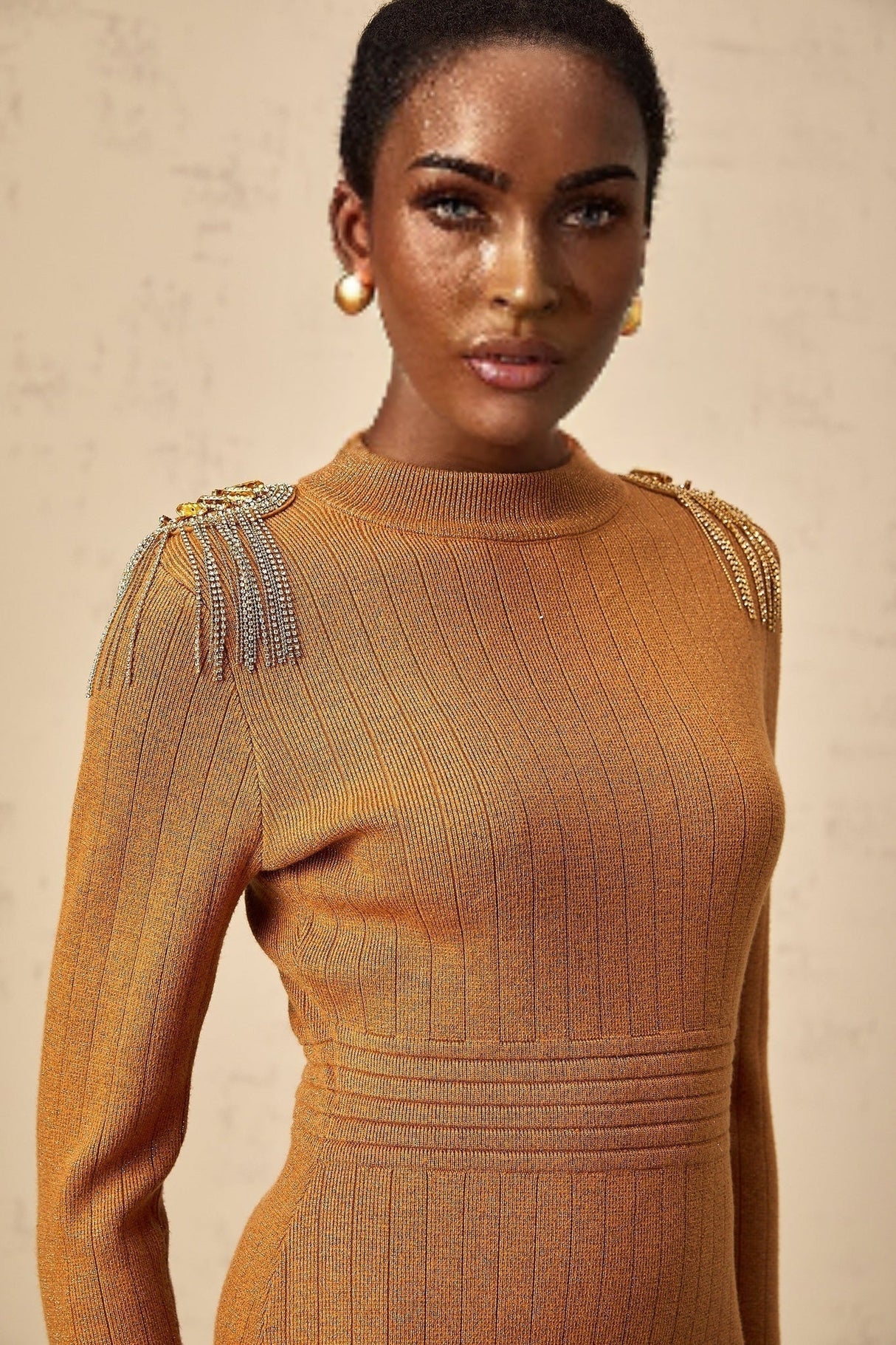 Palma Midi Dress Brown Ribbed Knit Epaulet Fitted Calf Length